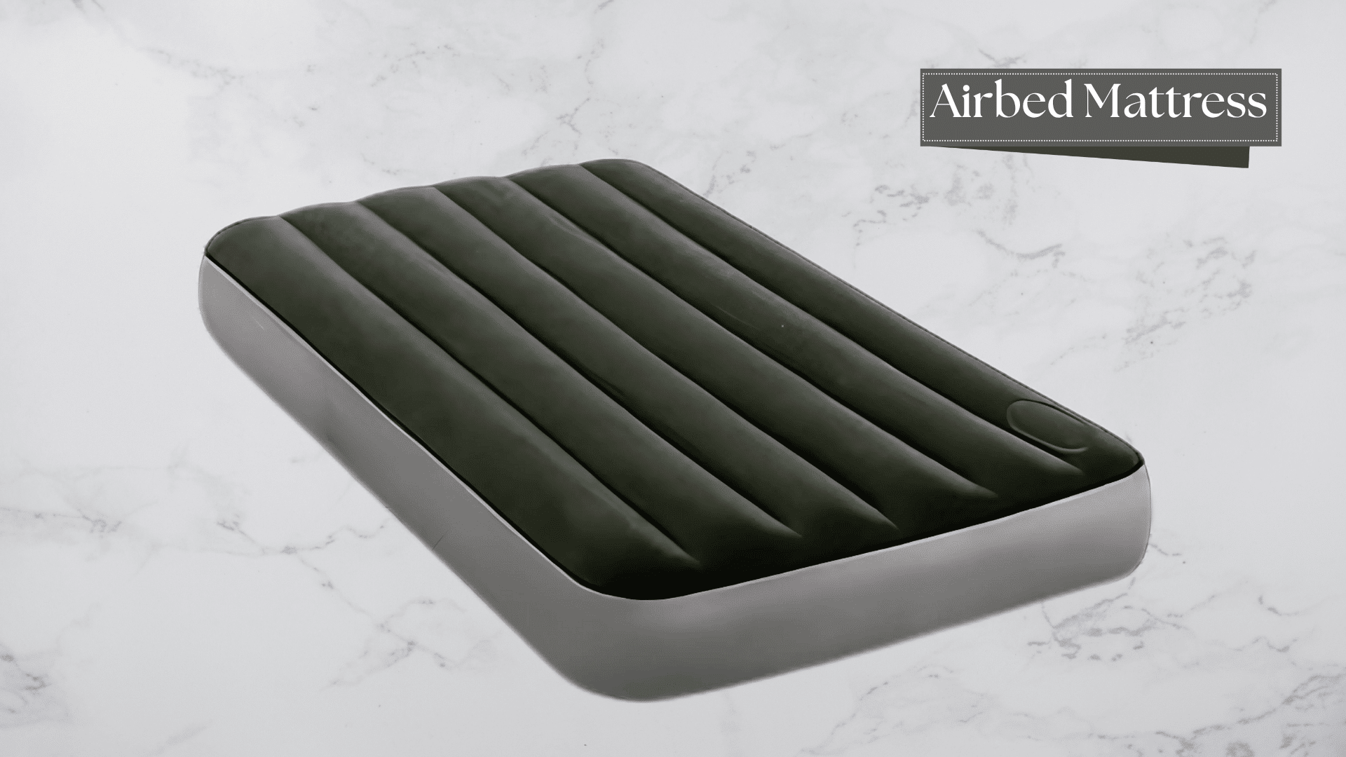 A black and grey inflatable airbed mattress with a ribbed top surface, shown against a white marble background.