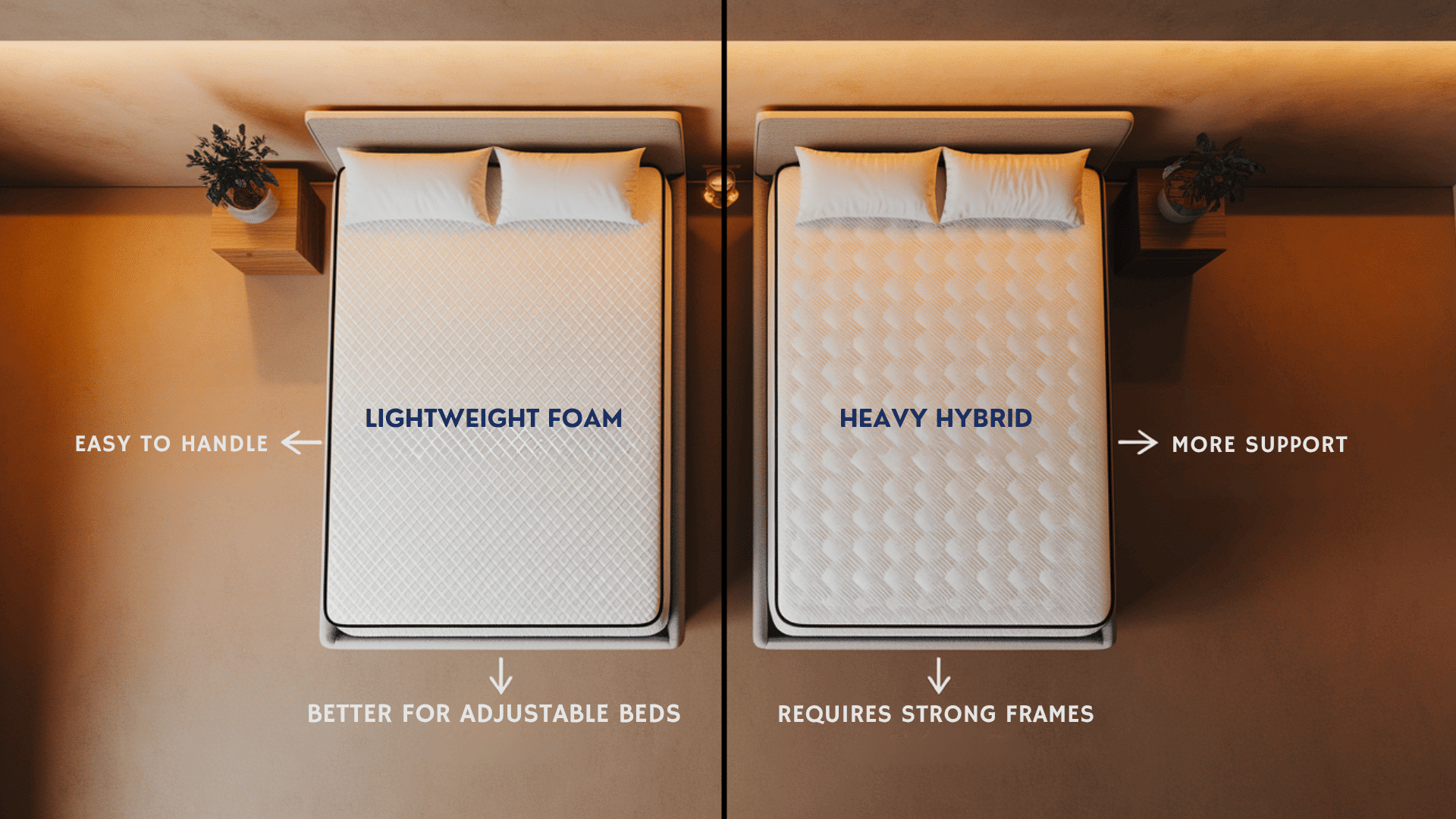 A comparison graphic of a Lightweight Foam mattress versus a Heavy Hybrid mattress.