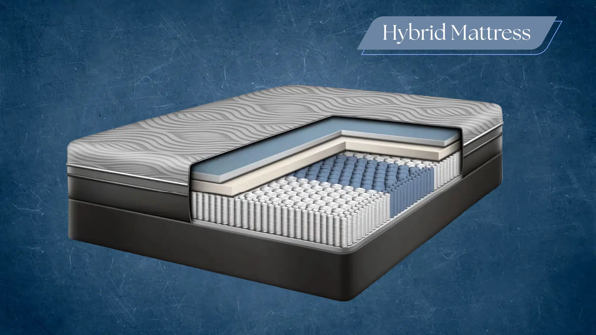 A cross-section of a hybrid mattress showing internal layers of foam and pocketed coils on a blue textured background.