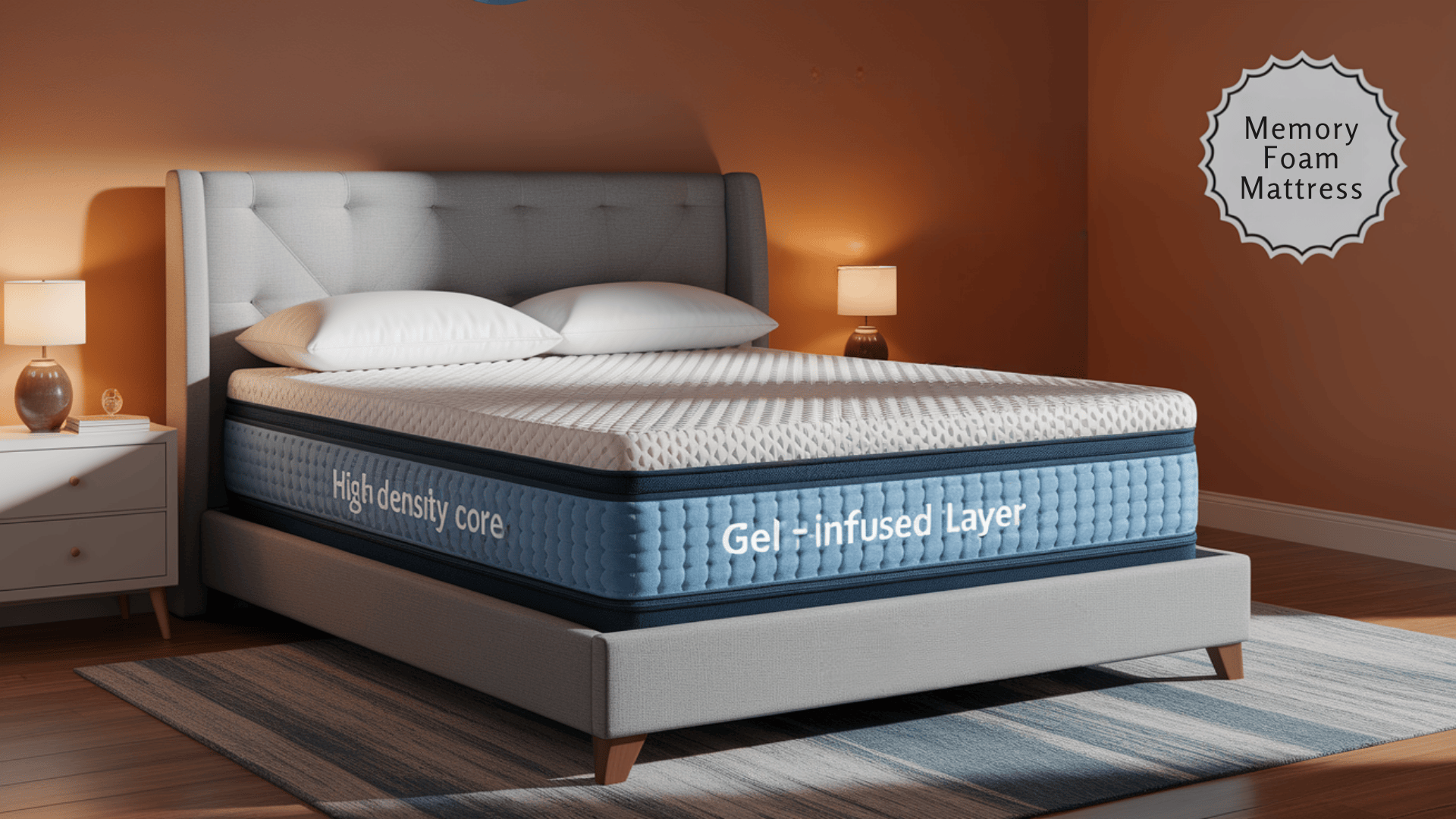 A memory foam mattress with gel-infused layers on a grey bed frame in a modern, warmly lit bedroom.
