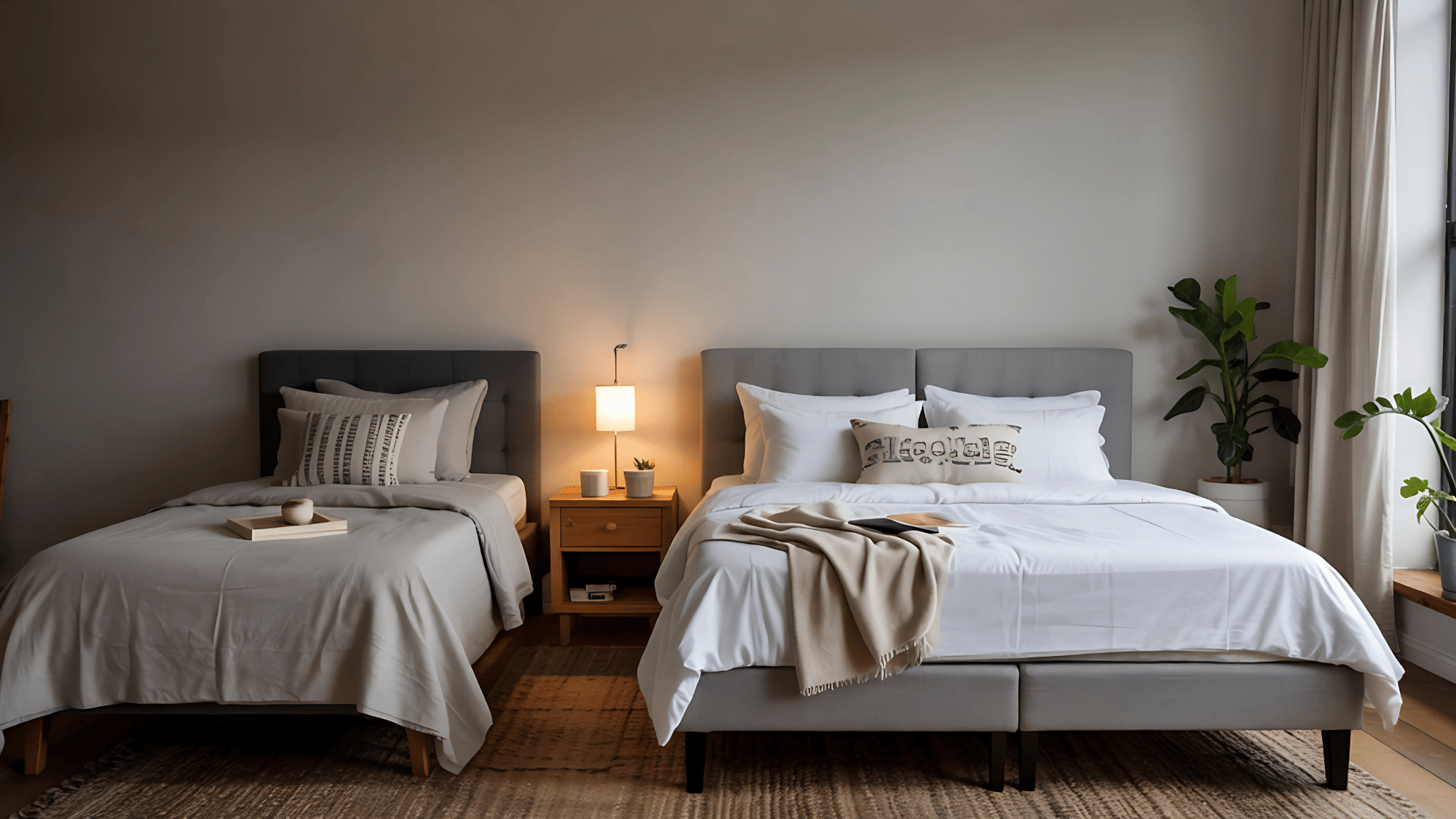 A minimalist bedroom featuring a twin bed and a full bed side-by-side with grey headboards and a warm nightstand lamp.