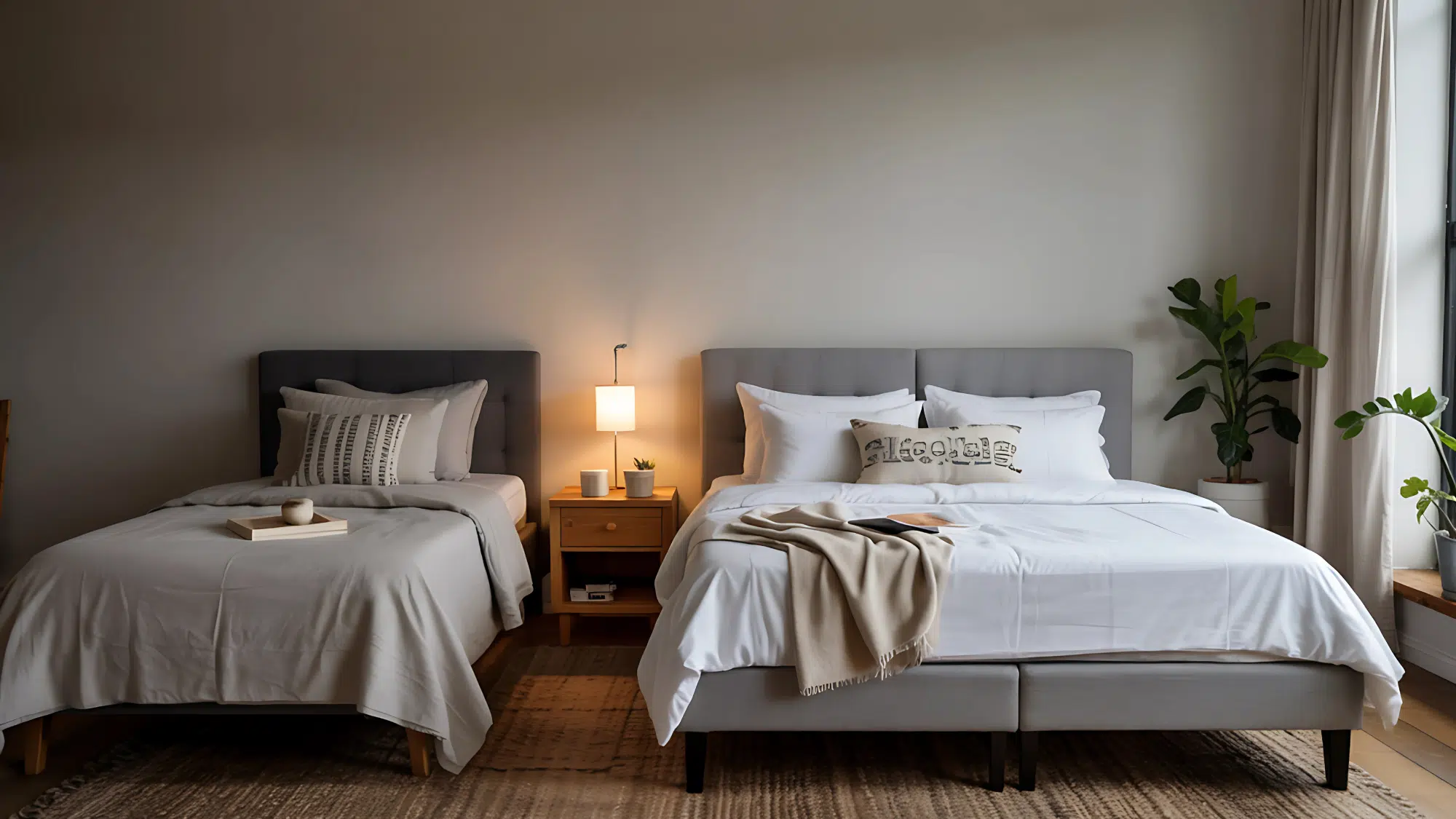 A minimalist bedroom featuring a twin bed and a full bed side-by-side with grey headboards and a warm nightstand lamp.