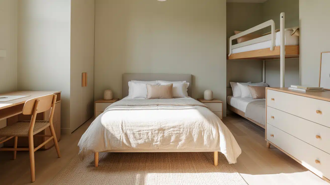 A modern, minimalist bedroom with soft sage walls, a central double bed, bunk beds in an alcove, and light wood furniture.