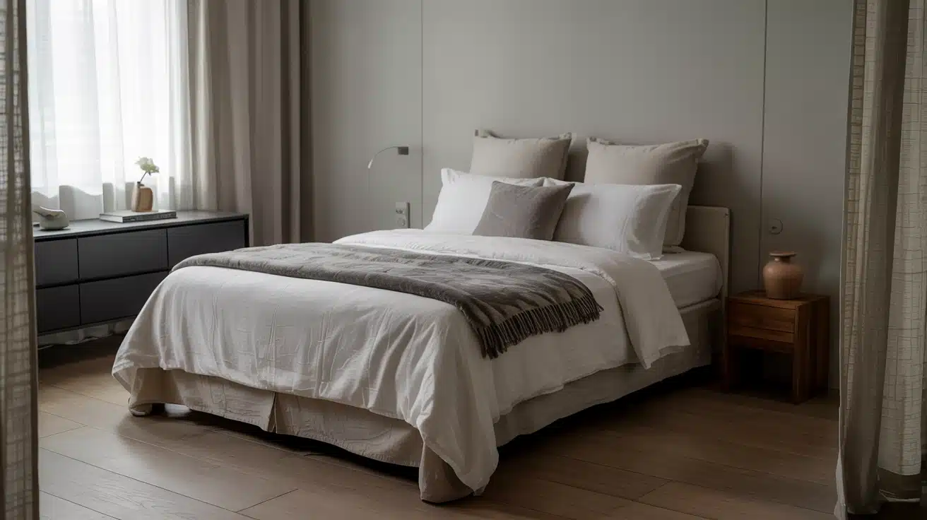 A serene, minimalist bedroom with neutral linens, a dark dresser, and soft natural light from a large window.