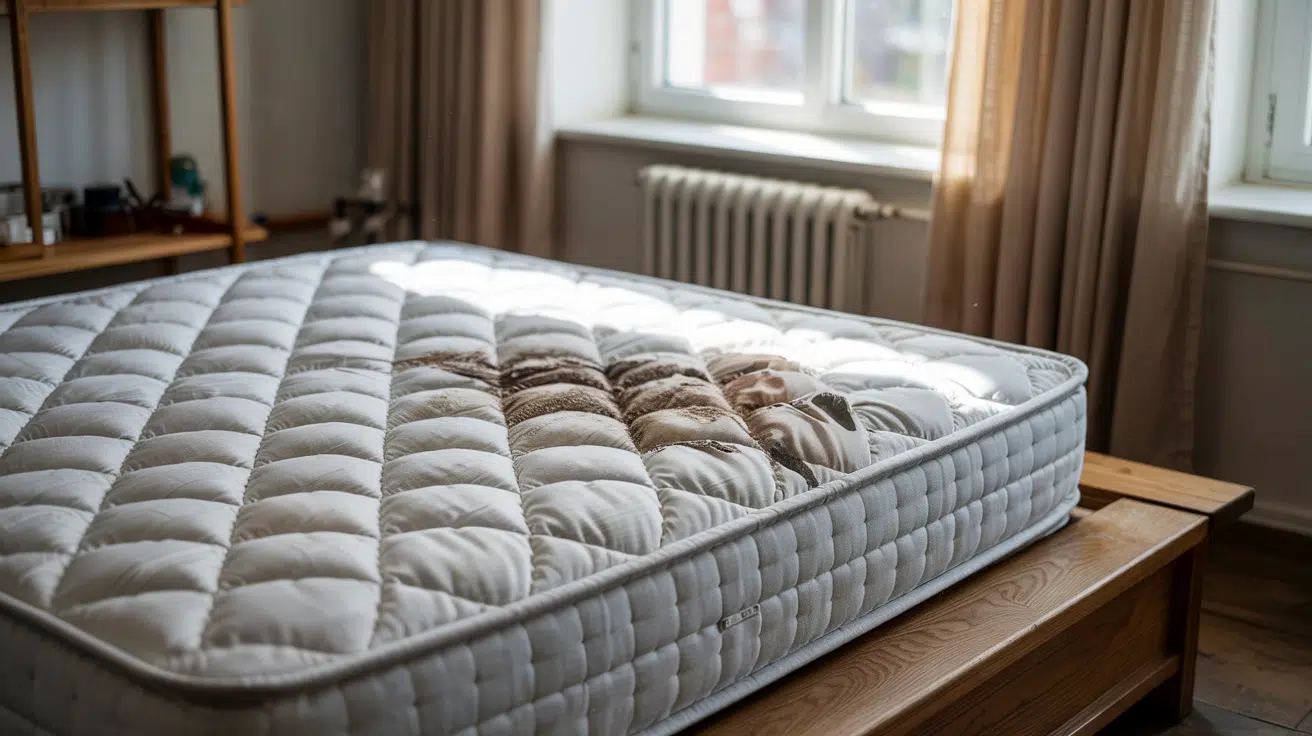 A white quilted mattress on a wooden bed frame featuring a large, dark brown stain in the center of the surface.