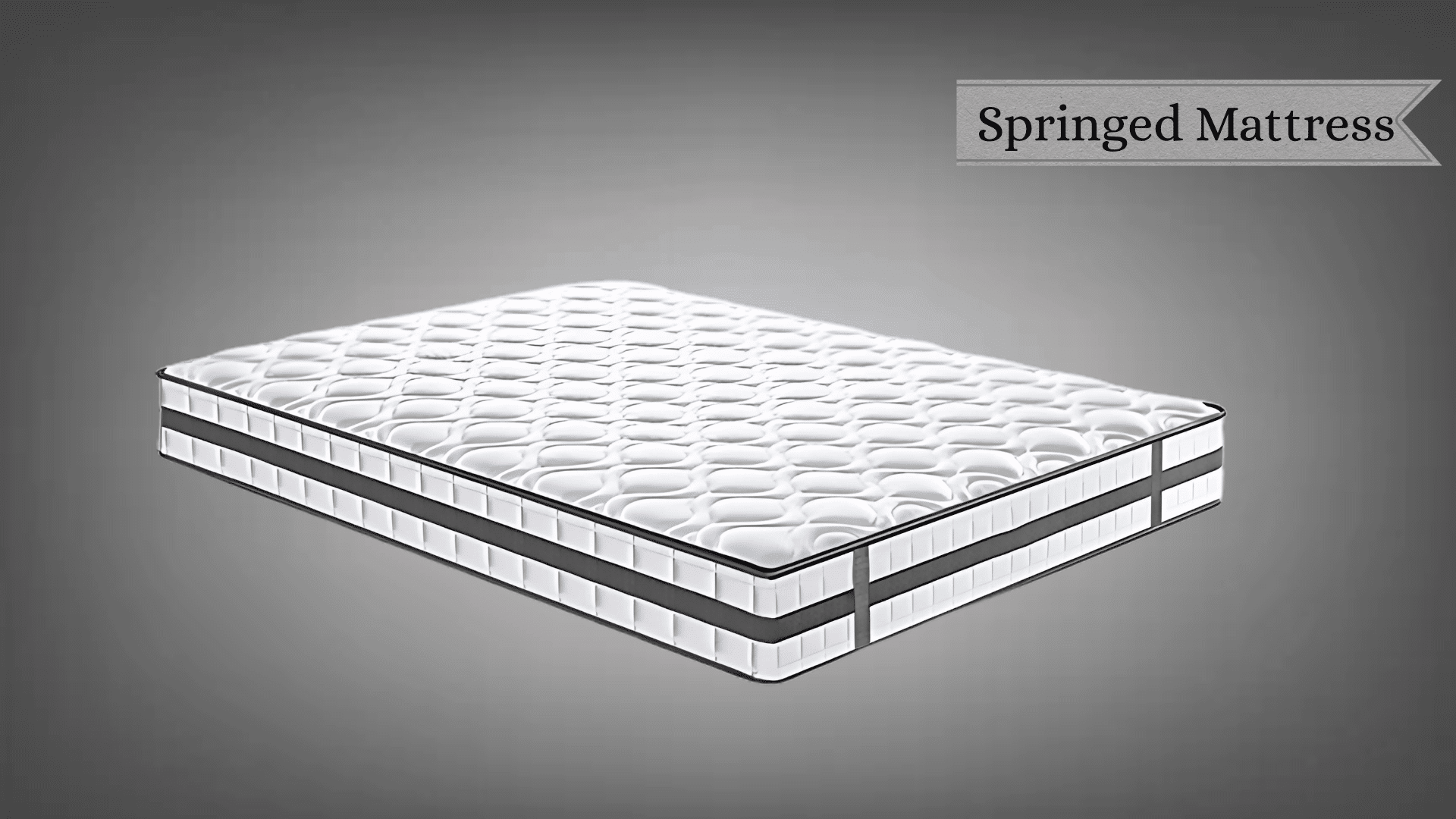 A white quilted springed mattress with a dark grey side band, floating against a grey gradient background.