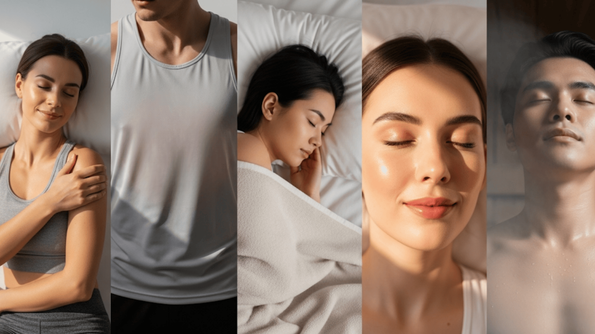 Collage of people relaxing, sleeping, glowing skin, and sweating, showing benefits like recovery, better sleep and relaxation
