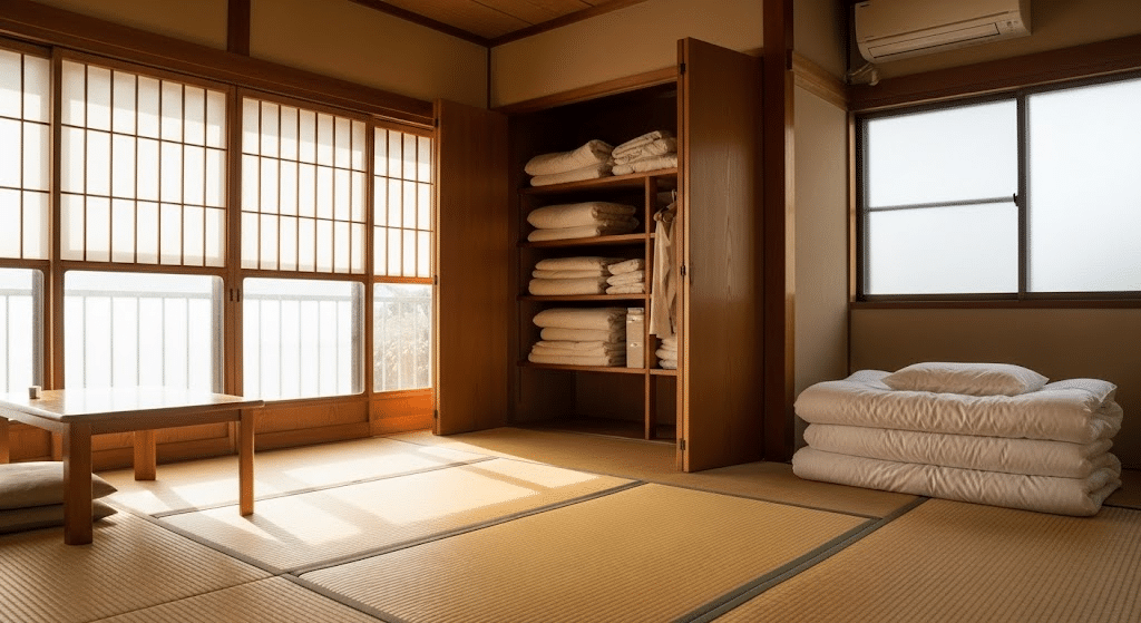 Japanese room with folded futons stored neatly in a closet and a low wooden table by the window.