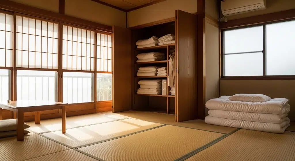 Japanese room with folded futons stored neatly in a closet and a low wooden table by the window.