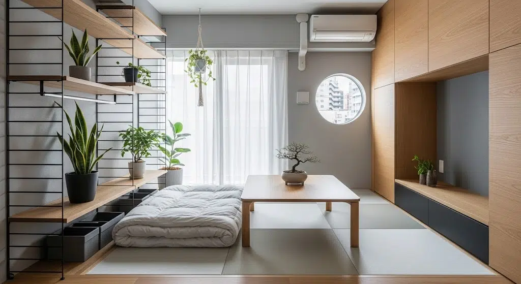 Modern Japandi-style room with a floor futon, low table, indoor plants, and clean minimalist design.