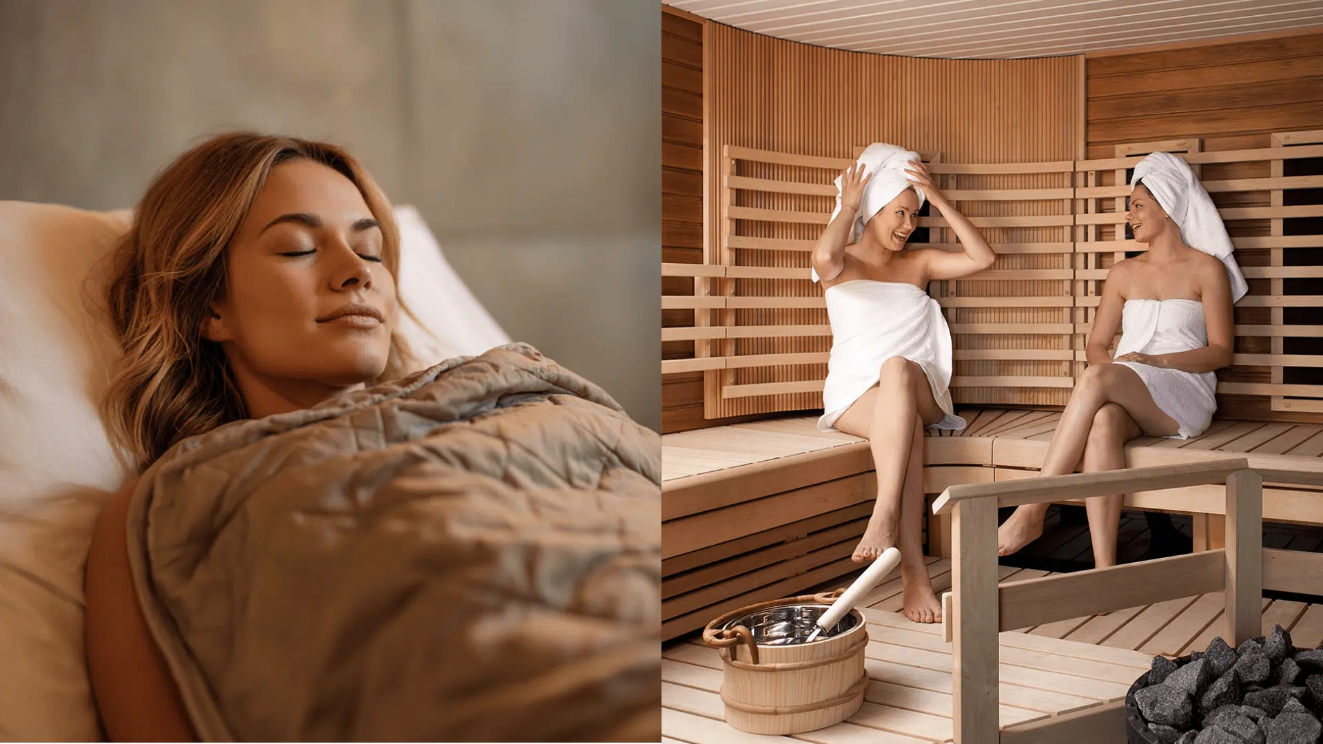 Person relaxing in a sauna blanket beside two women sitting and chatting in a traditional wooden sauna