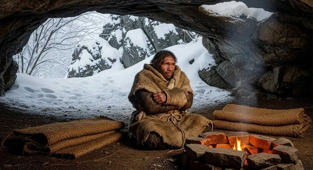 Prehistoric-Human-With-Early-Blanket-In-Cave