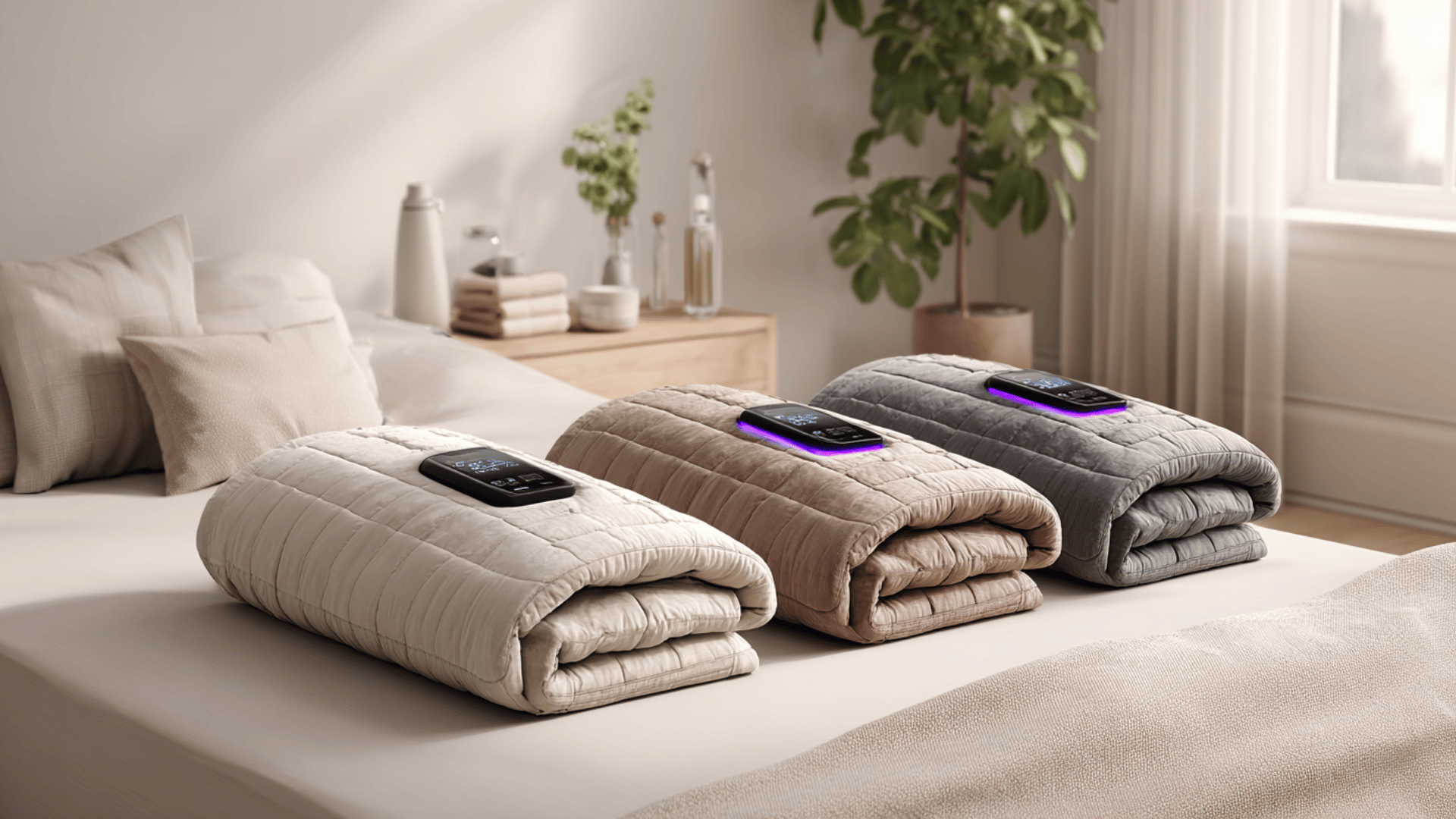 Three folded sauna blankets with control panels displayed on a bed in a clean, minimal bedroom setting
