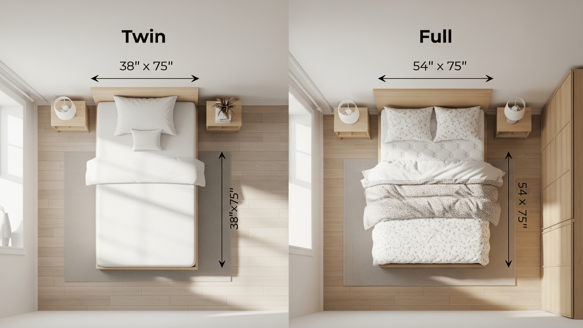 Top-down comparison of a Twin bed (38 x 75) and a Full bed (54 x 75) with dimensions labeled in a modern room.
