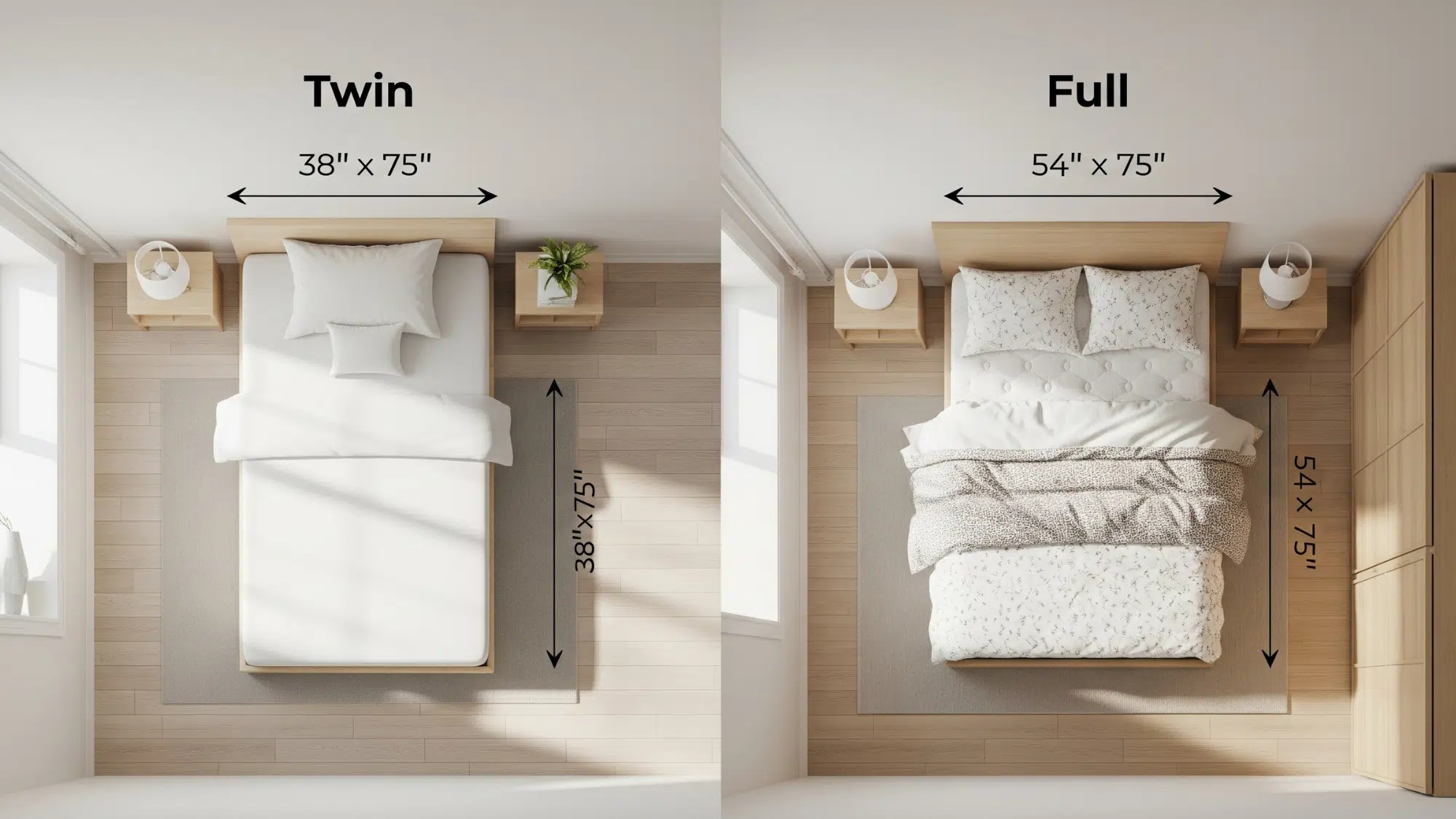 Top-down comparison of a Twin bed (38 x 75) and a Full bed (54 x 75) with dimensions labeled in a modern room.