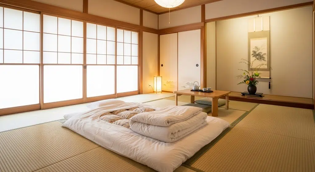 Traditional-Japanese-Futon-With-Cotton-Blankets-In-Minimalist-Room