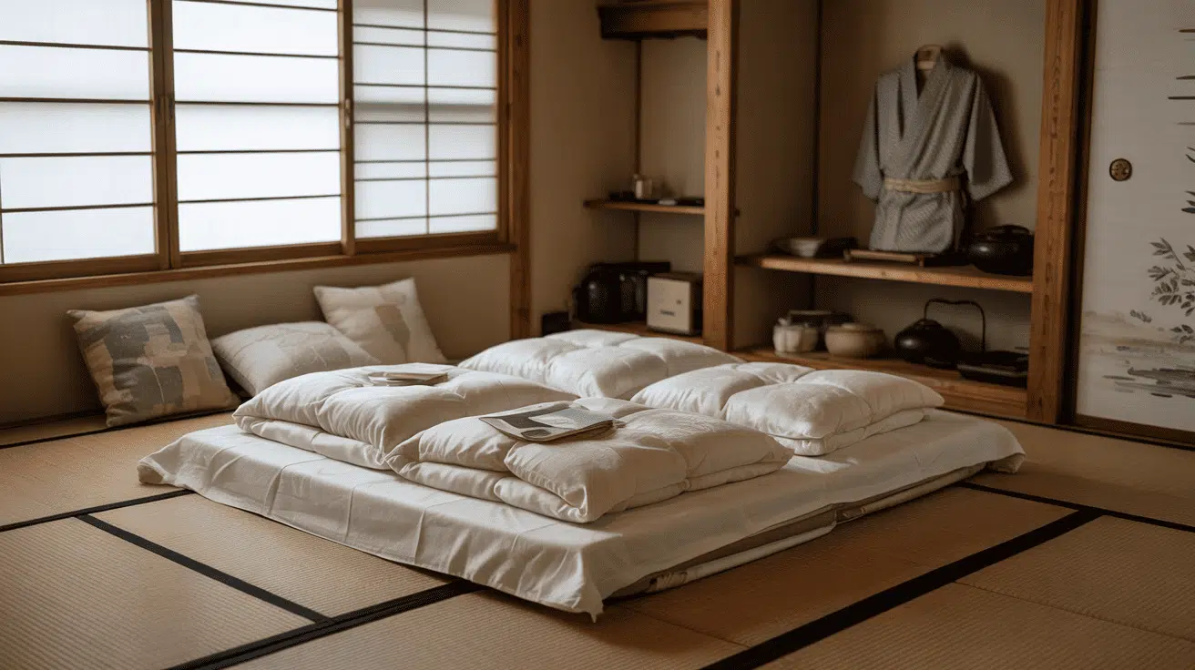 Traditional Japanese futon laid on tatami mats in a minimalist room with soft lighting and wooden interior.