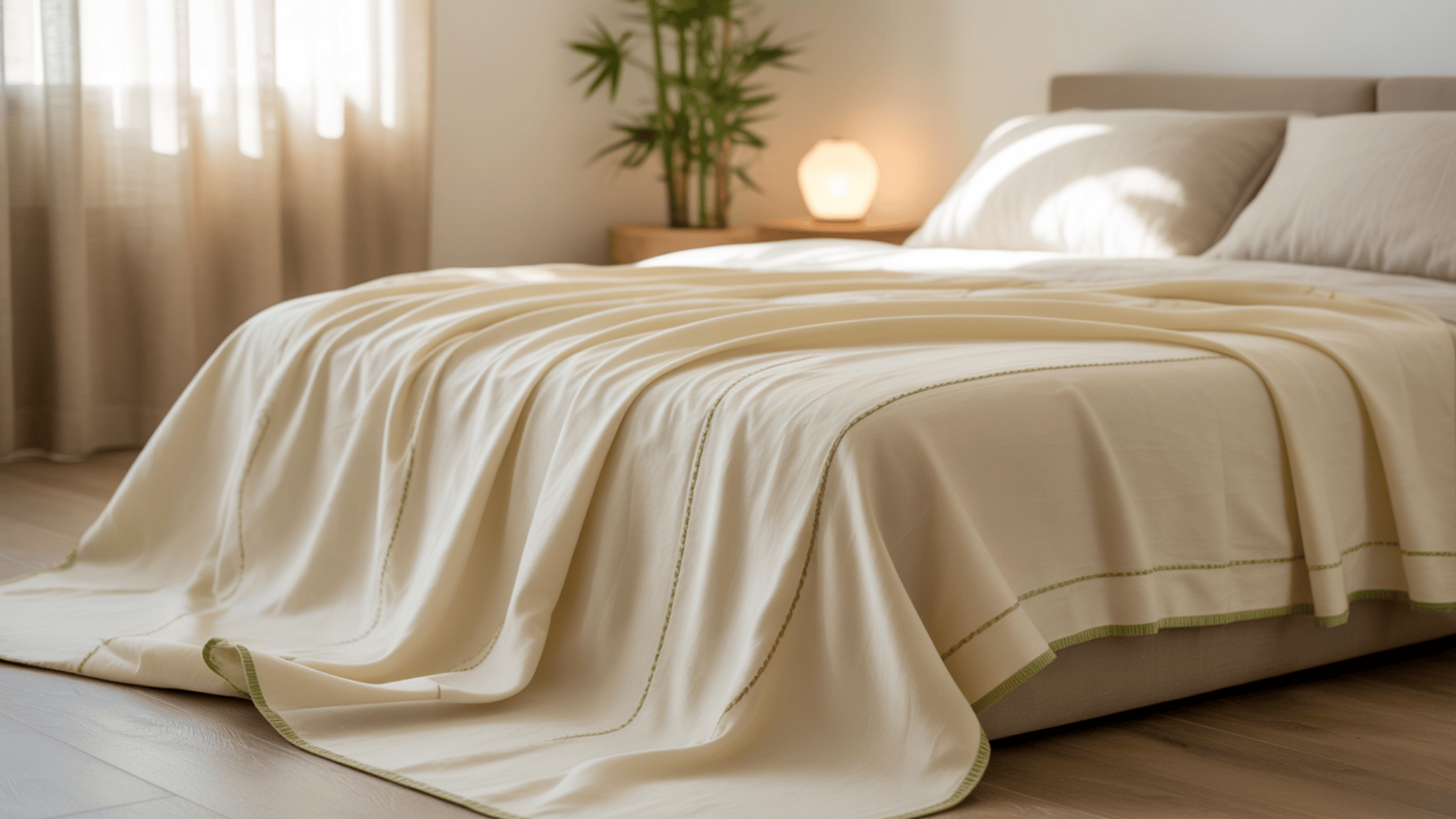 A close-up of a vibrant orange, chunky-knit throw blanket resting on a light-colored wooden surface.