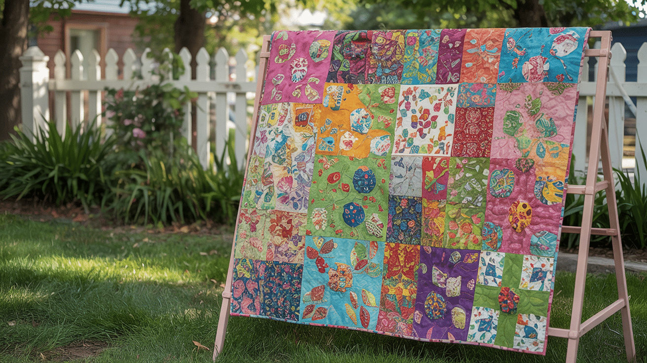 A colorful, patchwork floral quilt displayed outdoors on a pink drying rack in a sunny yard.