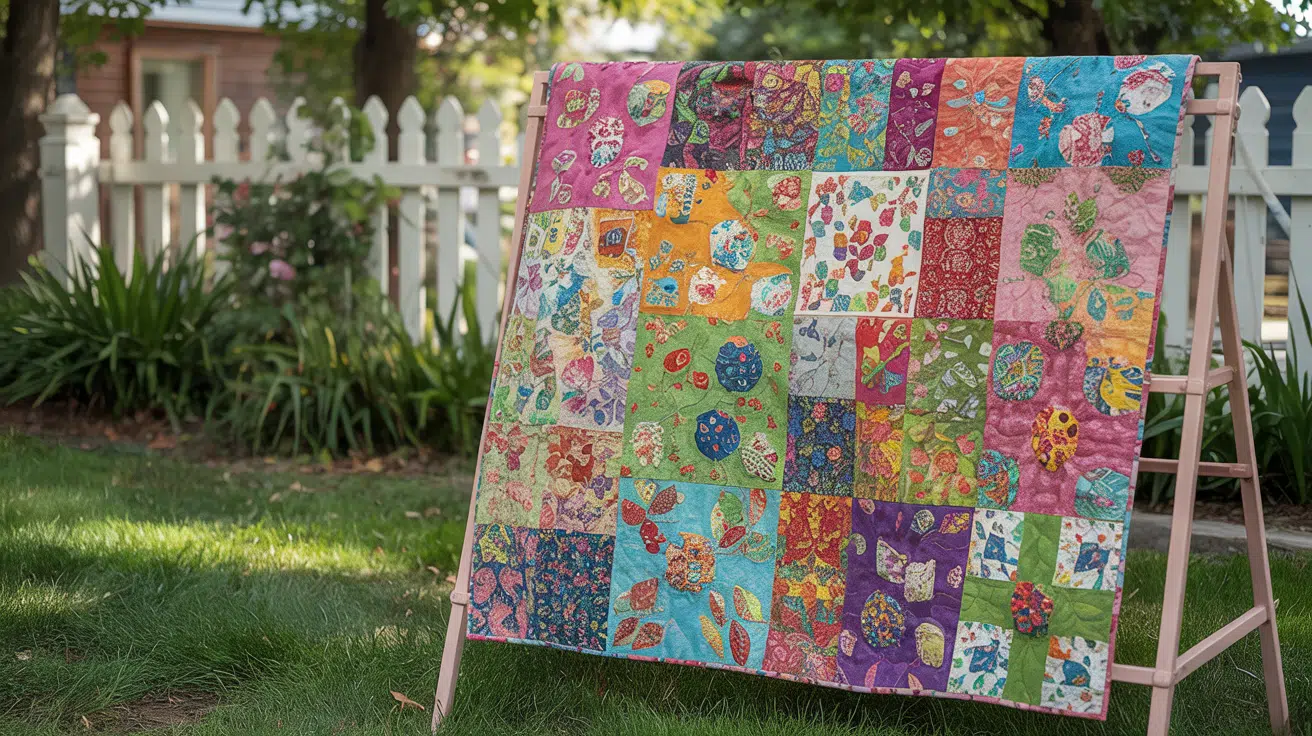 A colorful, patchwork floral quilt displayed outdoors on a pink drying rack in a sunny yard.