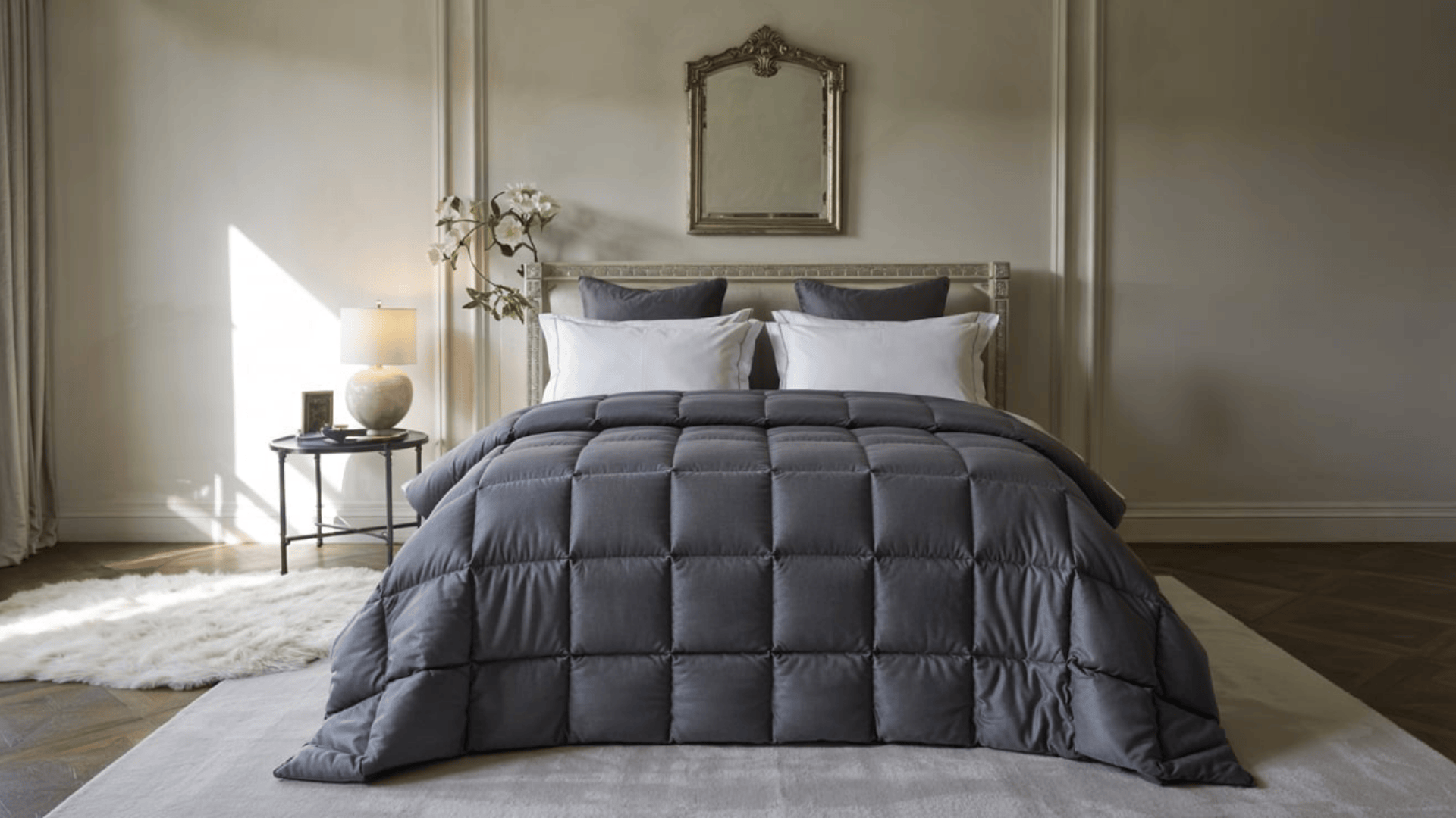 A dark grey quilted comforter on a bed in an elegant, neutral-toned bedroom.