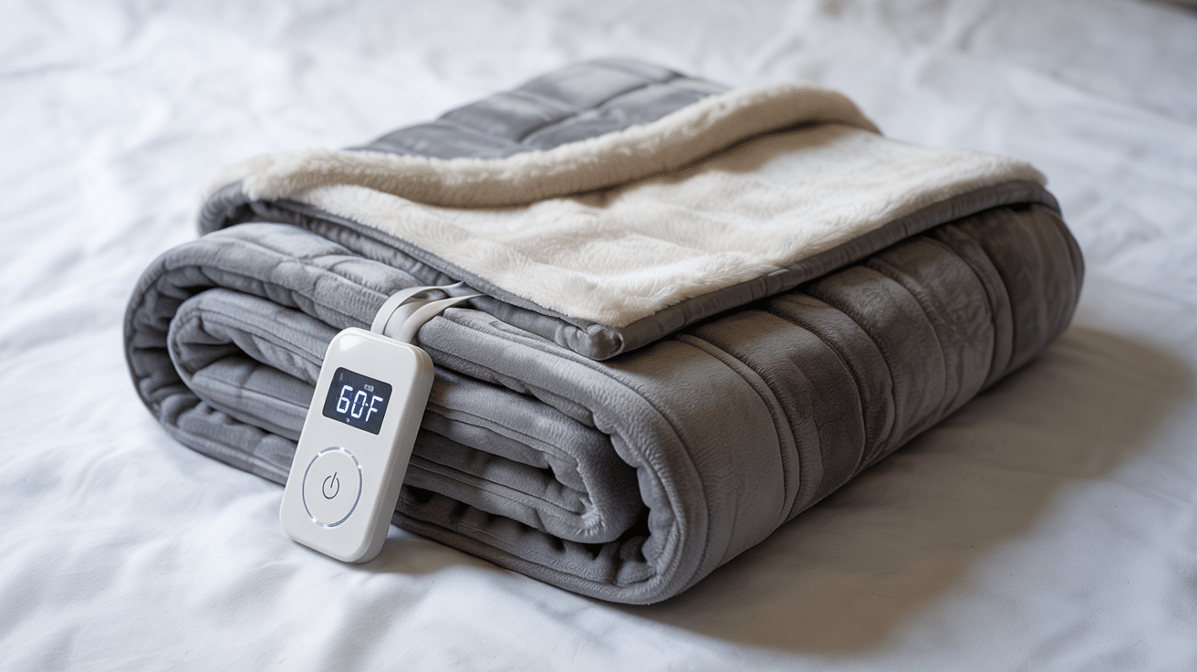 A folded grey electric heated blanket with a white fleece lining and a digital remote showing 60°F.