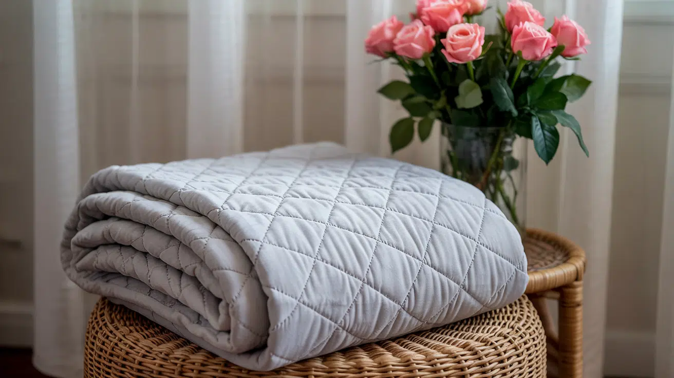 A folded light grey diamond-quilted blanket on a wicker ottoman next to a vase of pink roses.