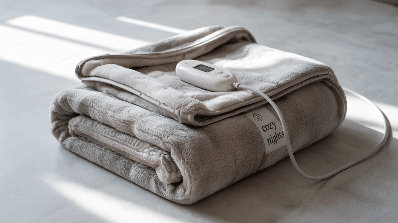 A folded, plush beige electric blanket with a white control unit resting on top.