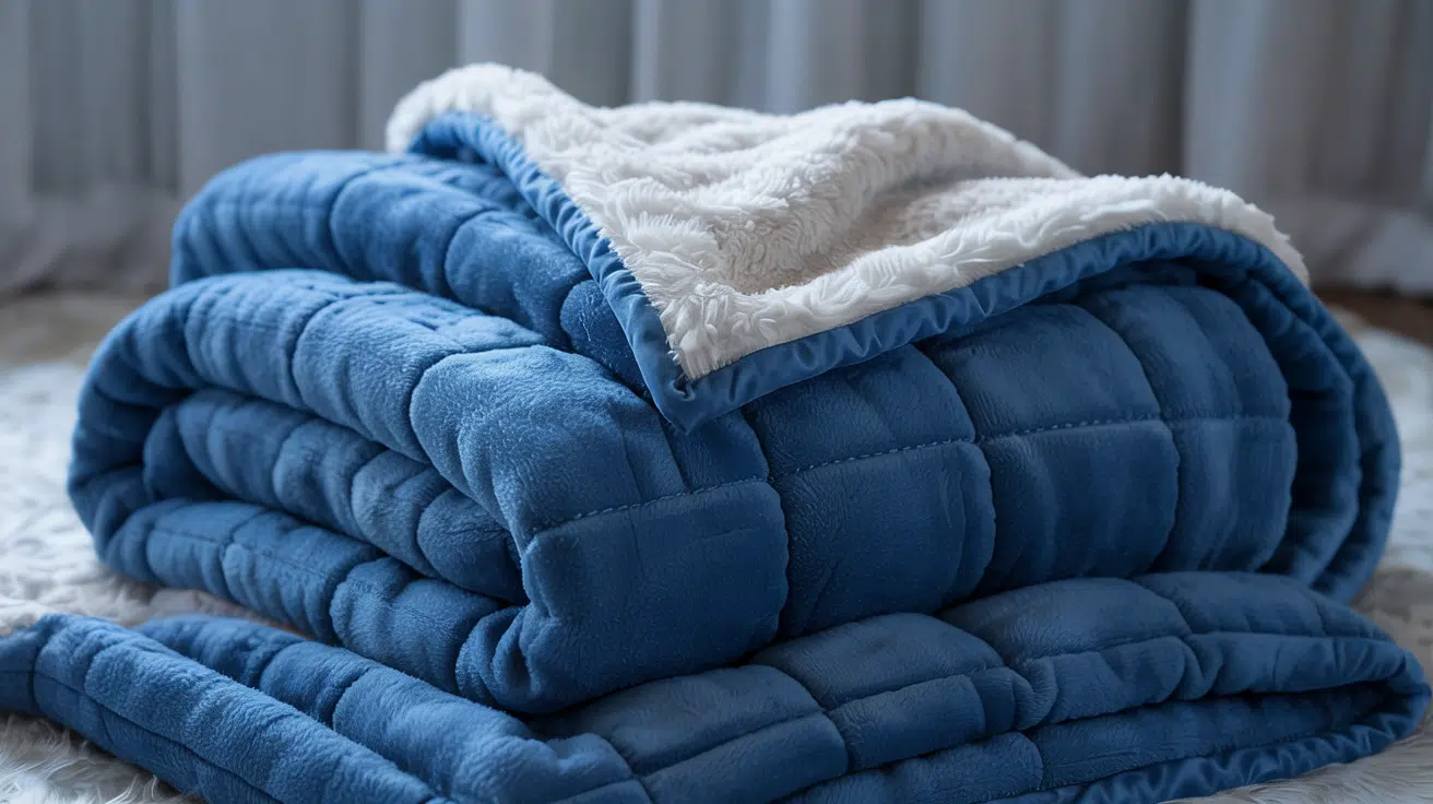 A folded, plush, blue weighted blanket with a white faux-fur lining.