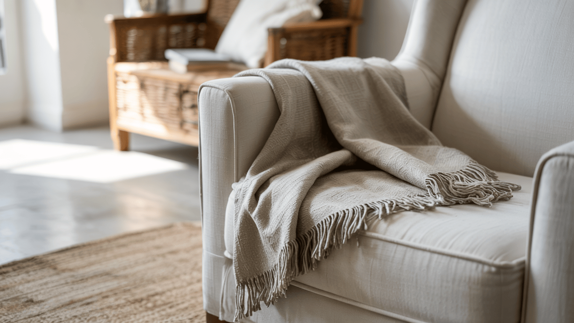 A light grey fringed throw blanket draped over the arm of a white upholstered armchair in a bright living room.