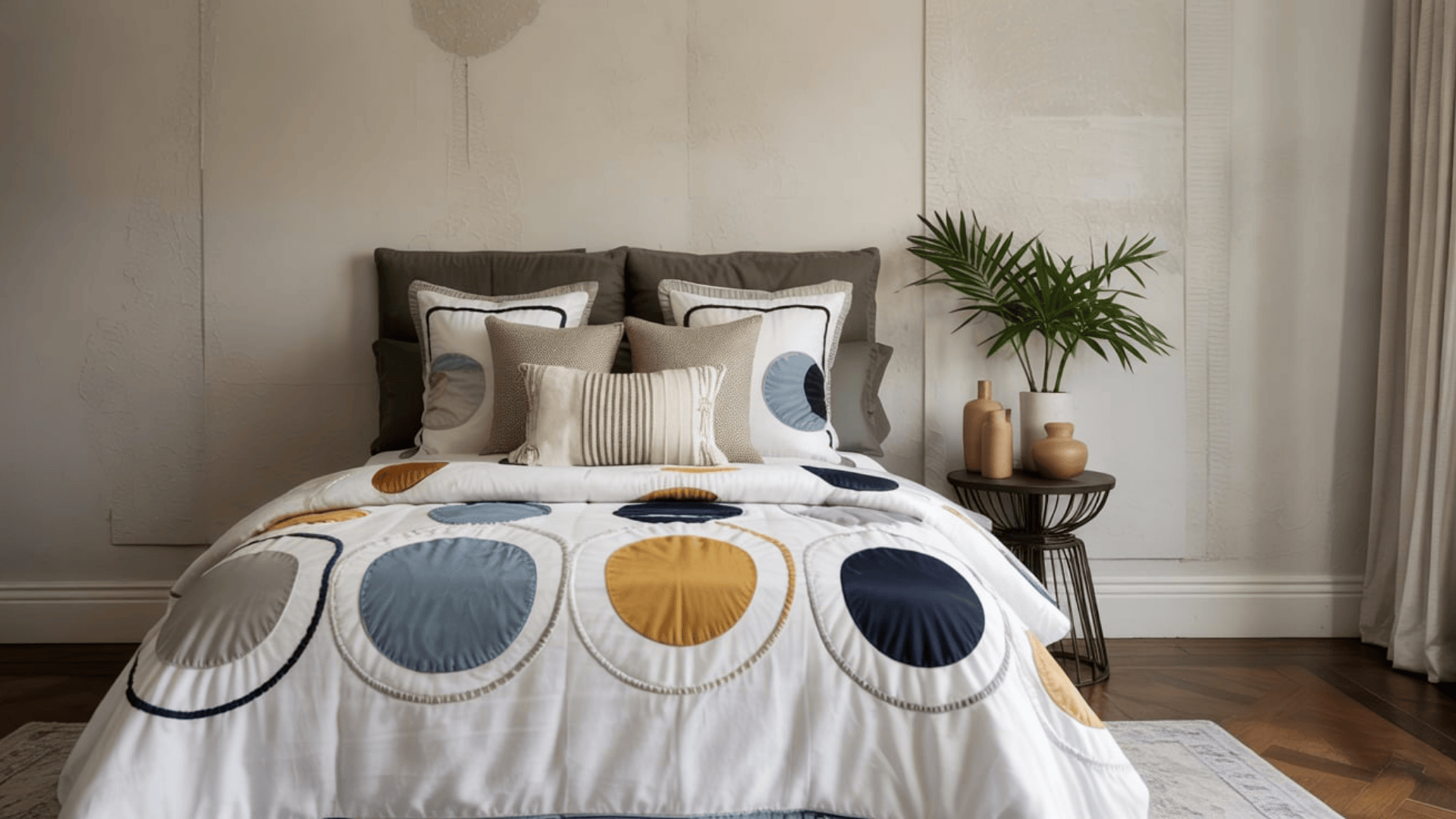 A modern bed set featuring a white comforter and pillows with a bold, multicolored circular pattern in blue, gold, and grey.