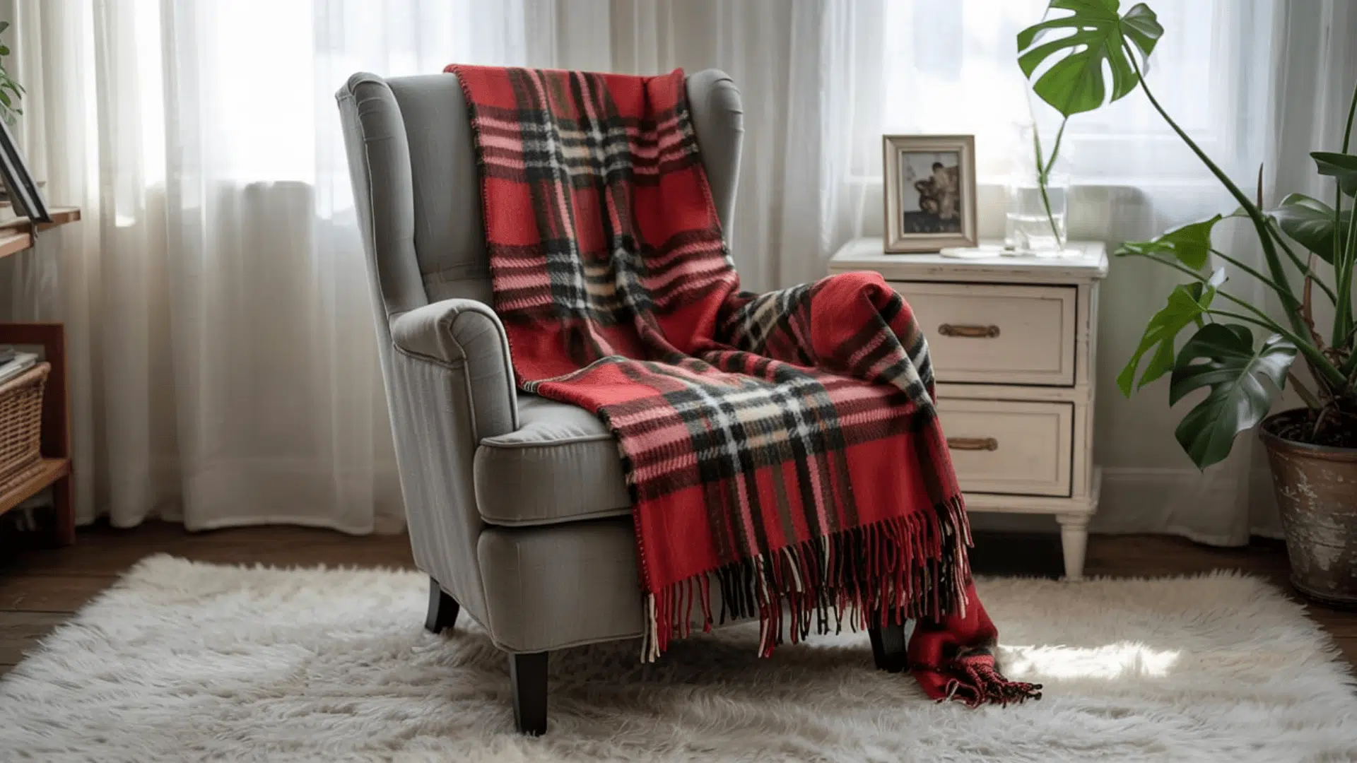A red plaid fringed throw blanket draped over a grey wingback chair in a cozy room with a white shag rug.