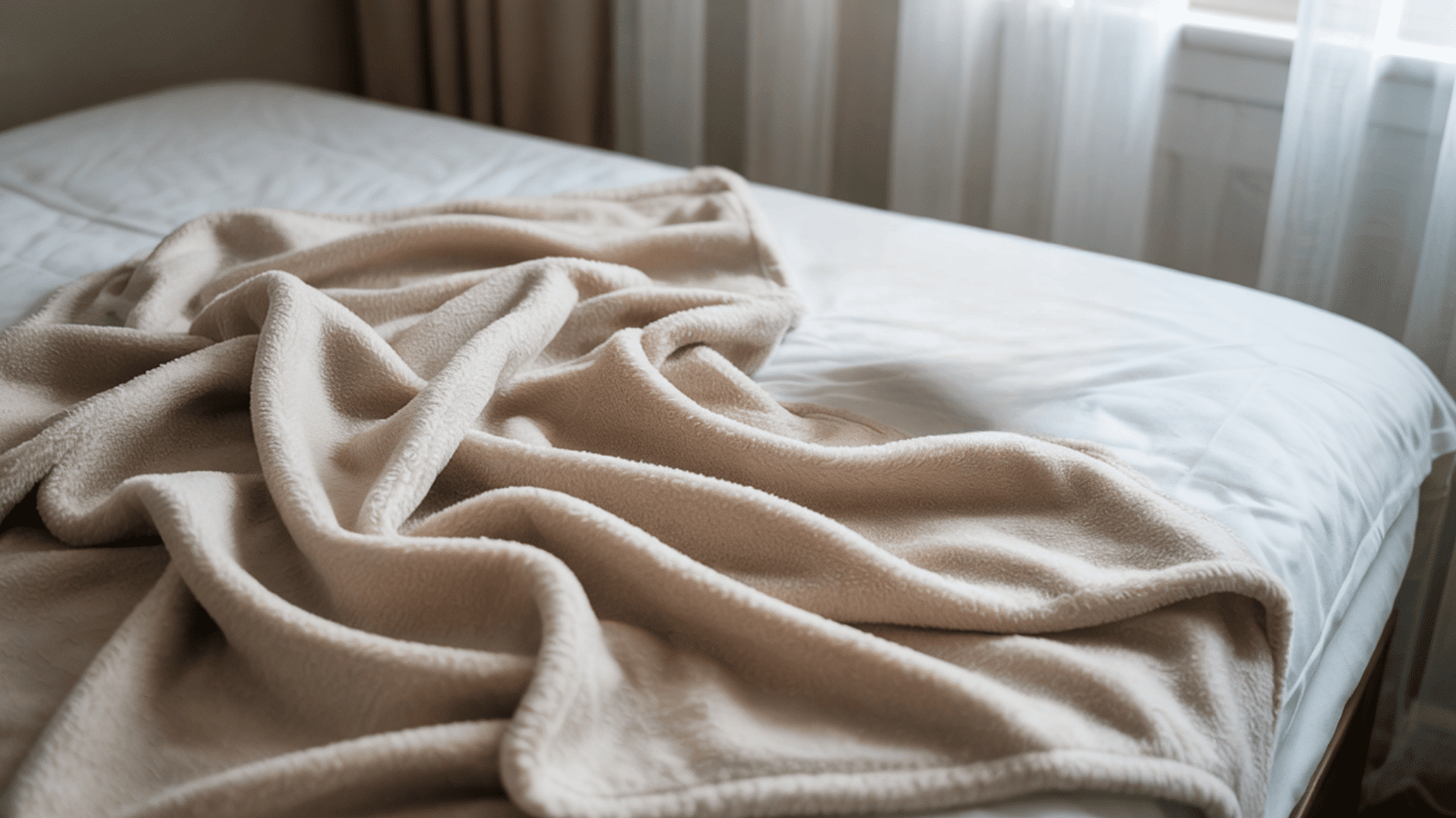 A rumpled, soft beige fleece blanket lying on a white bed sheet near a window with sheer curtains.