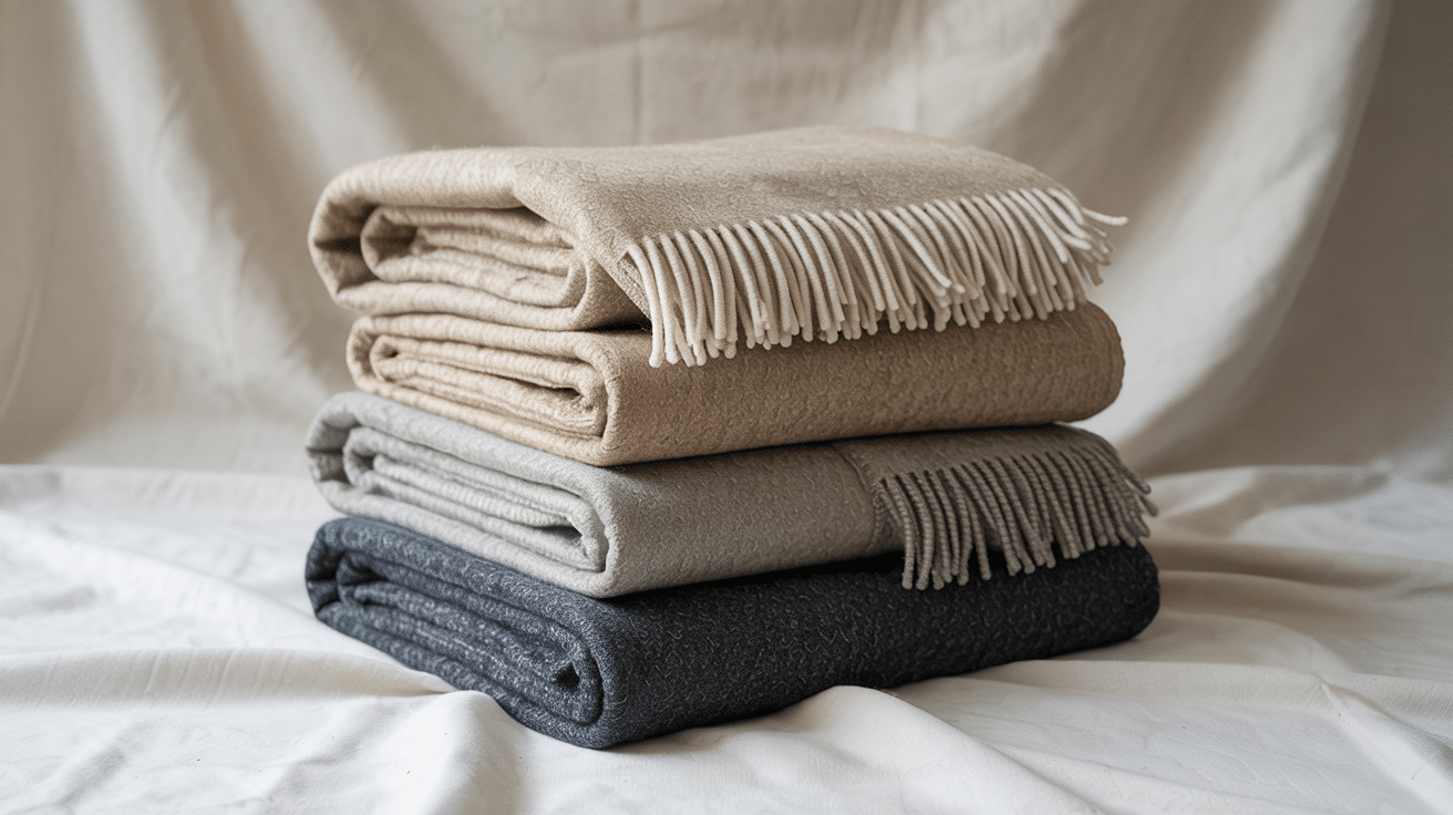 A stack of four neatly folded wool blankets in neutral shades of beige, tan, gray, and charcoal with fringed edges.