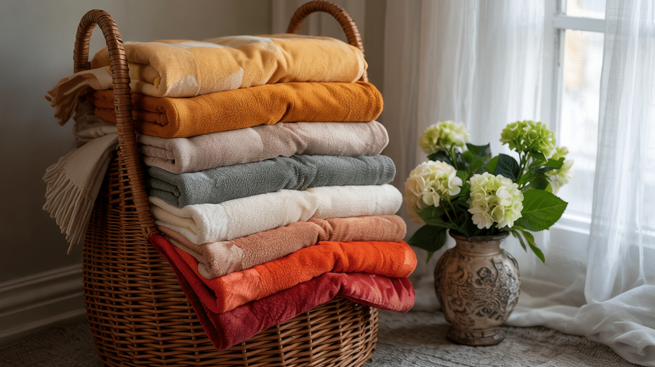 A stack of neatly folded, colorful blankets in a wicker basket next to a vase of white hydrangeas by a window.