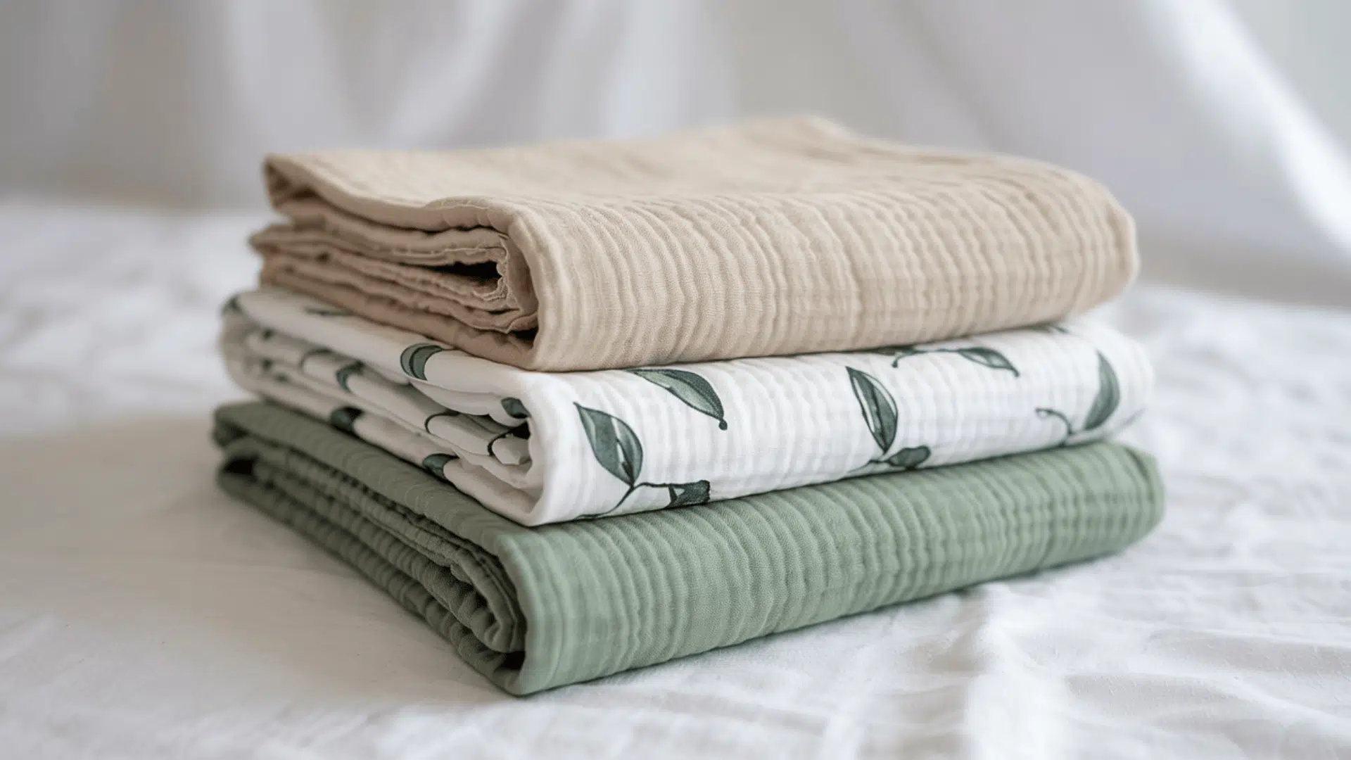 A stack of three folded muslin baby blankets in beige, a white leaf print, and sage green.
