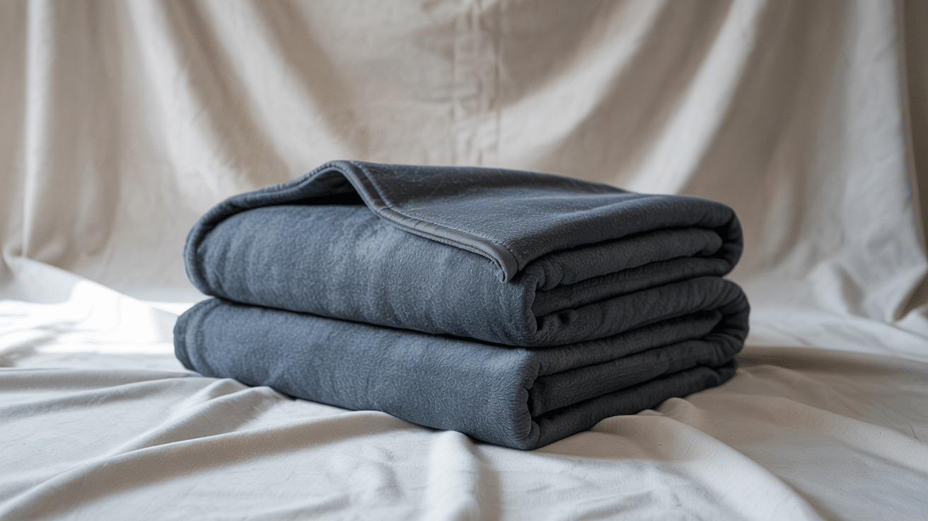 A stack of two folded charcoal grey fleece blankets on a neutral fabric backdrop.
