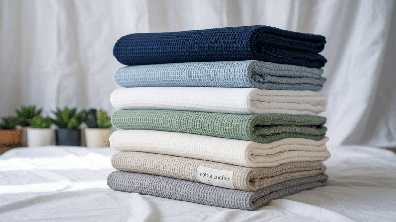 A tall stack of neatly folded waffle-weave cotton blankets in various neutral and blue tones.
