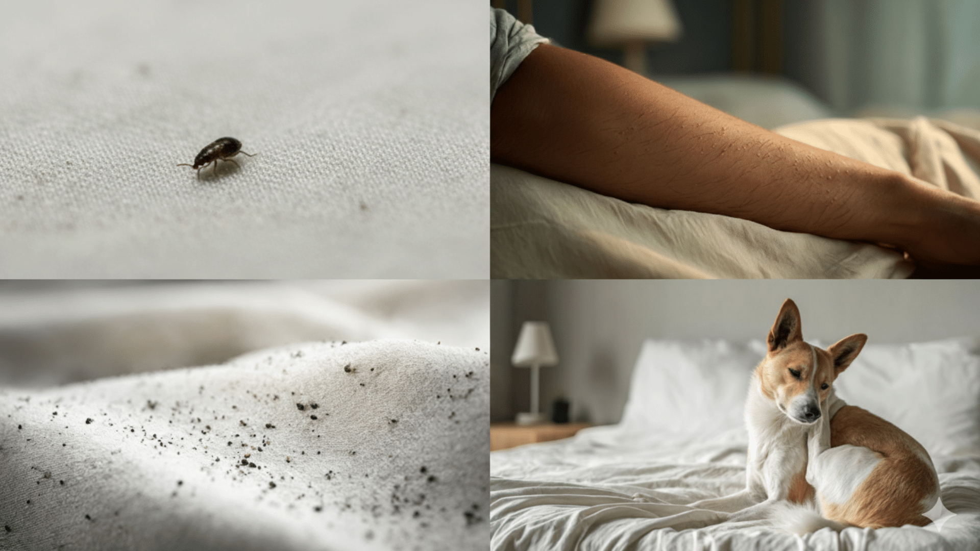 A four-panel collage showing a flea on a sheet, a person’s arm with bite marks, black flea dirt on fabric, and a dog scratching on a bed.