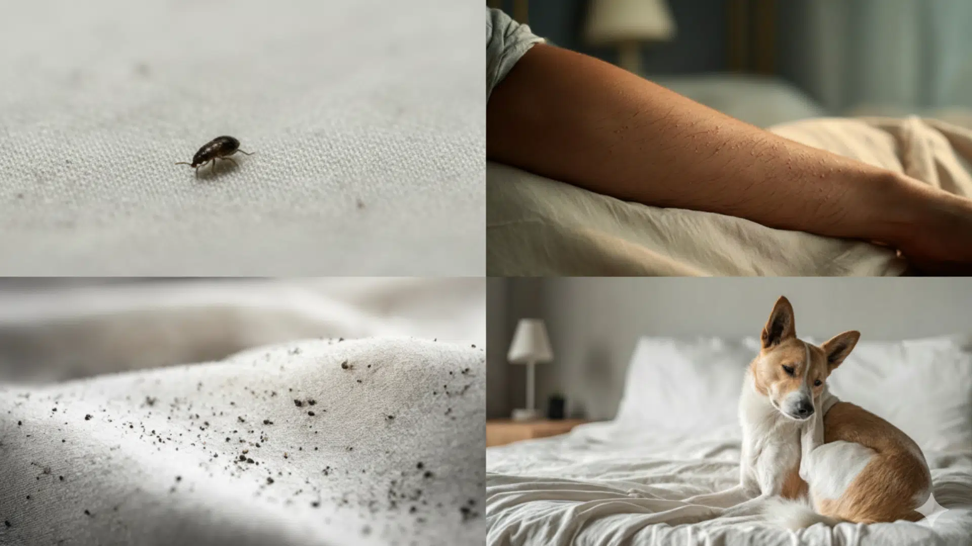 A four-panel collage showing a flea on a sheet, a person’s arm with bite marks, black flea dirt on fabric, and a dog scratching on a bed.