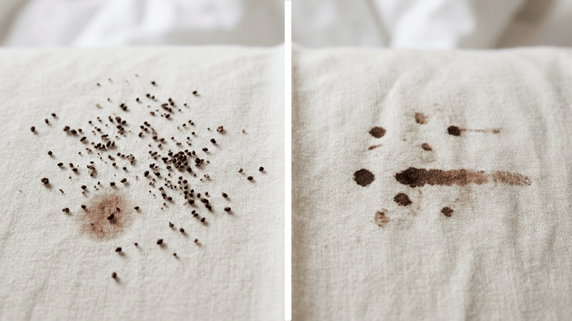 A side-by-side comparison showing grainy flea dirt specks on the left versus smeared bed bug stains on the right.