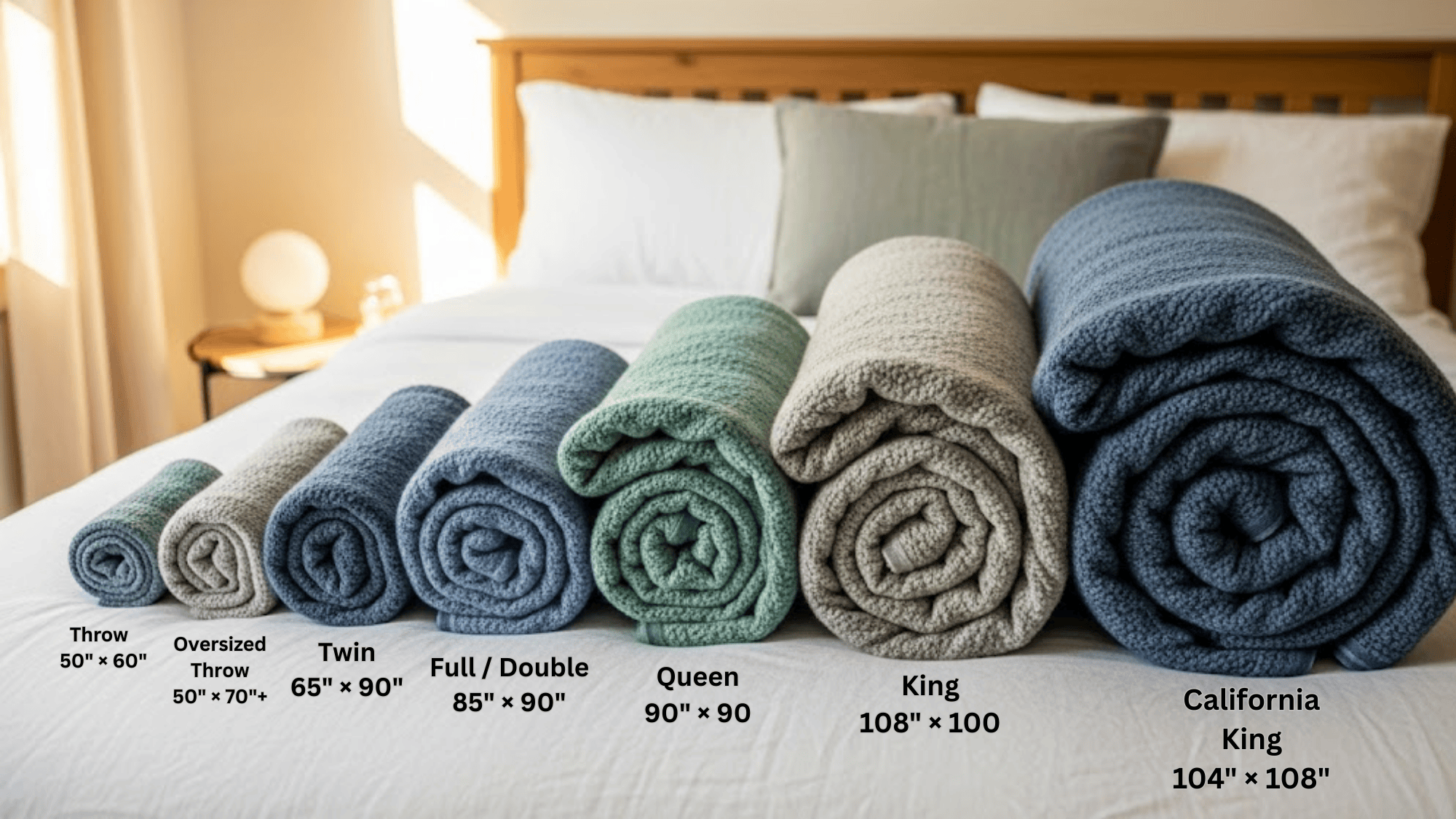 Blanket size chart showing throw, twin, full, queen, king, and California king.