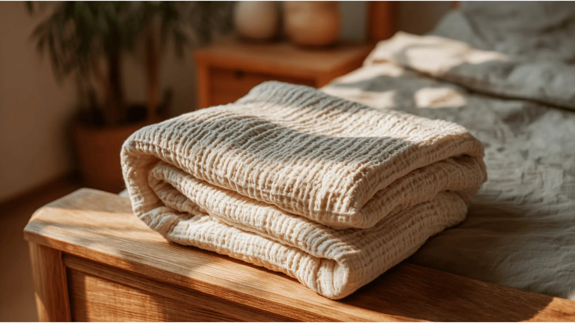 Folded cotton blanket stacked on a wooden bench beside a softly made bed.