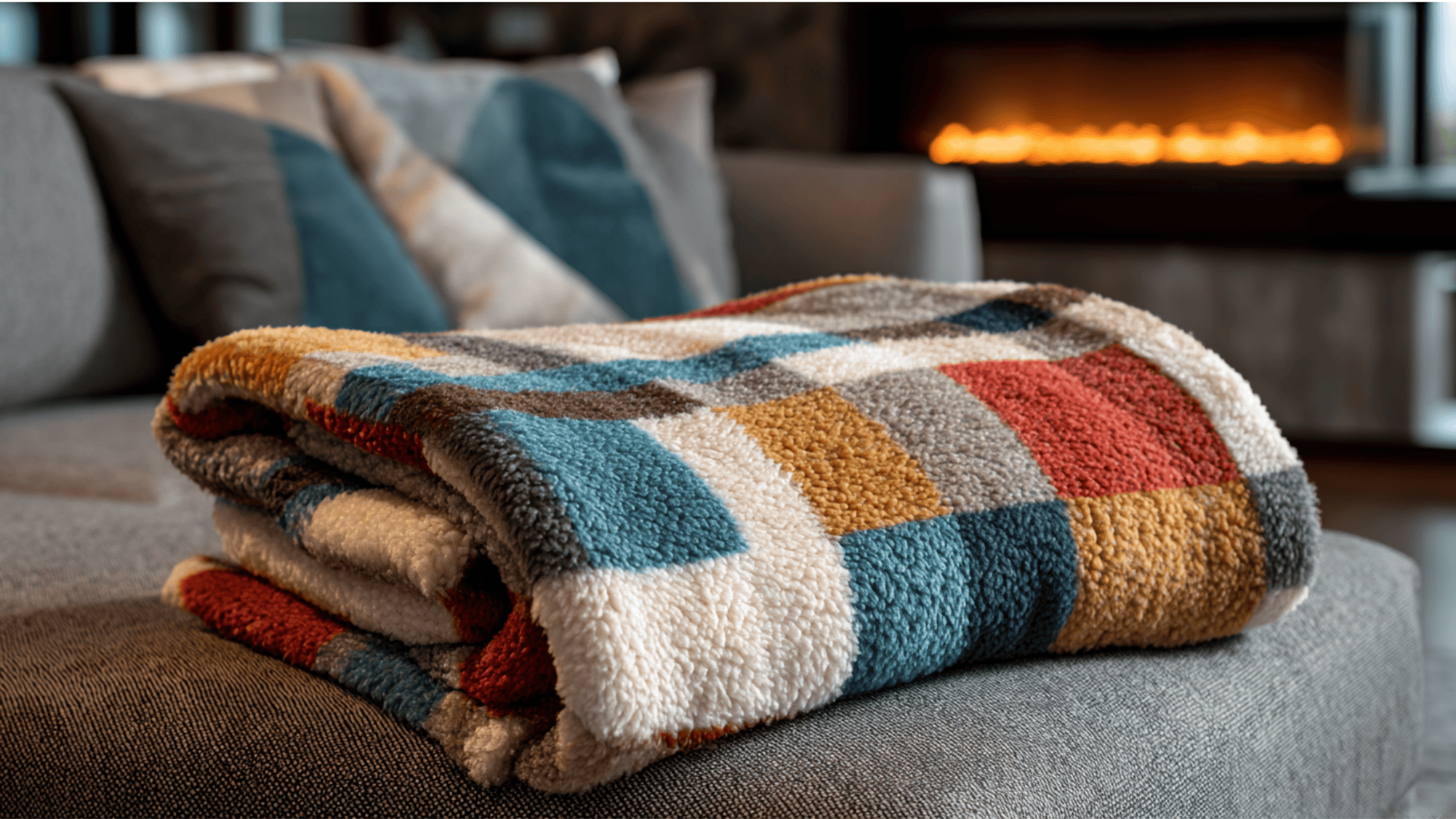 Folded fleece blanket on a sofa with a fireplace glowing in the background.