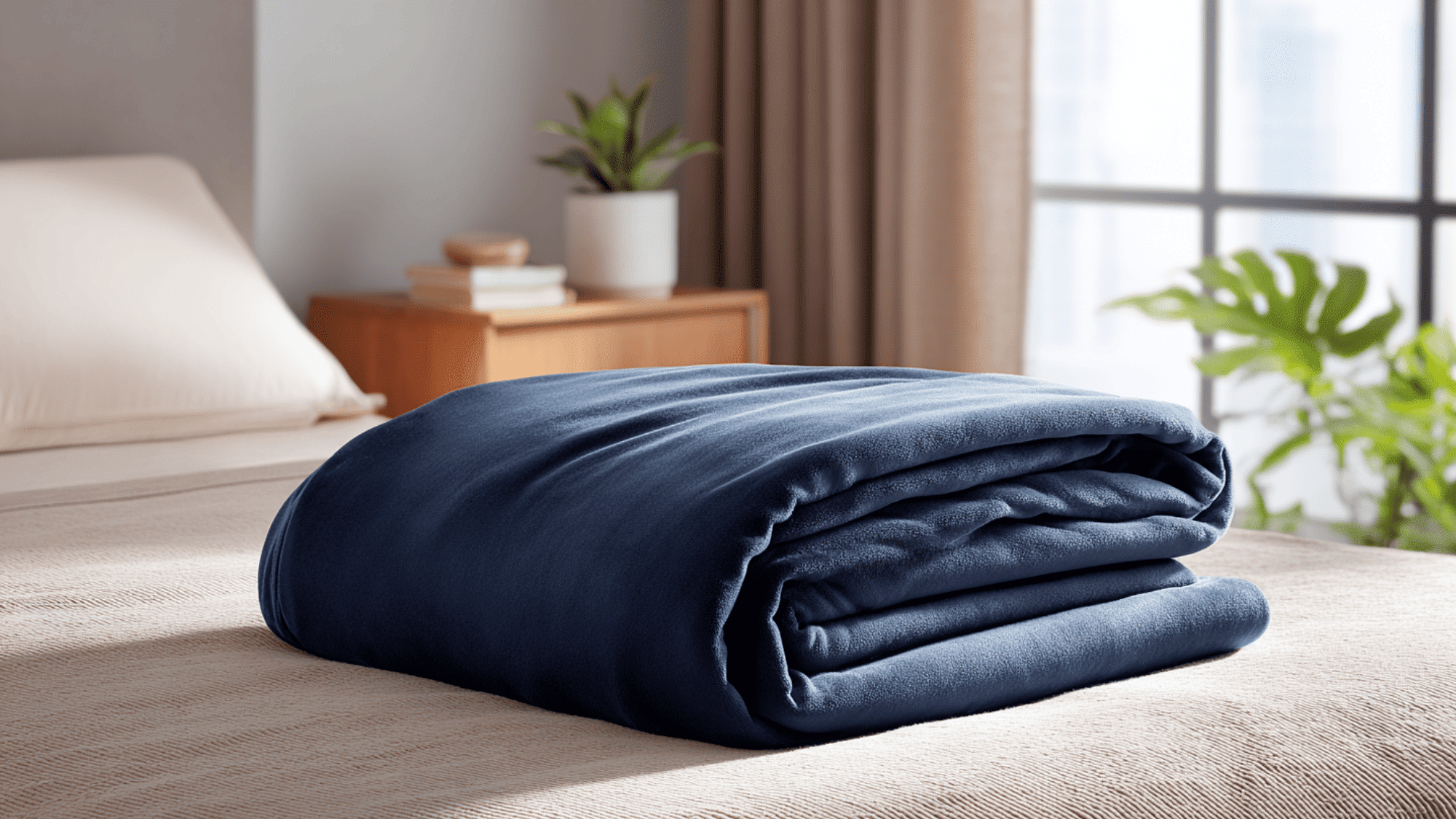 Folded polyester microfiber blanket placed on a bed near a sunny window.