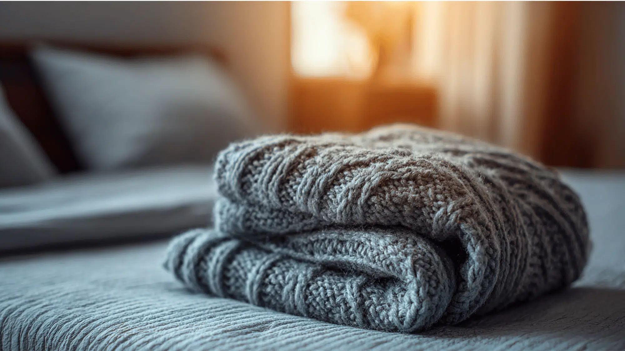 Folded wool blanket resting on a bed with a soft, warm bedroom background.