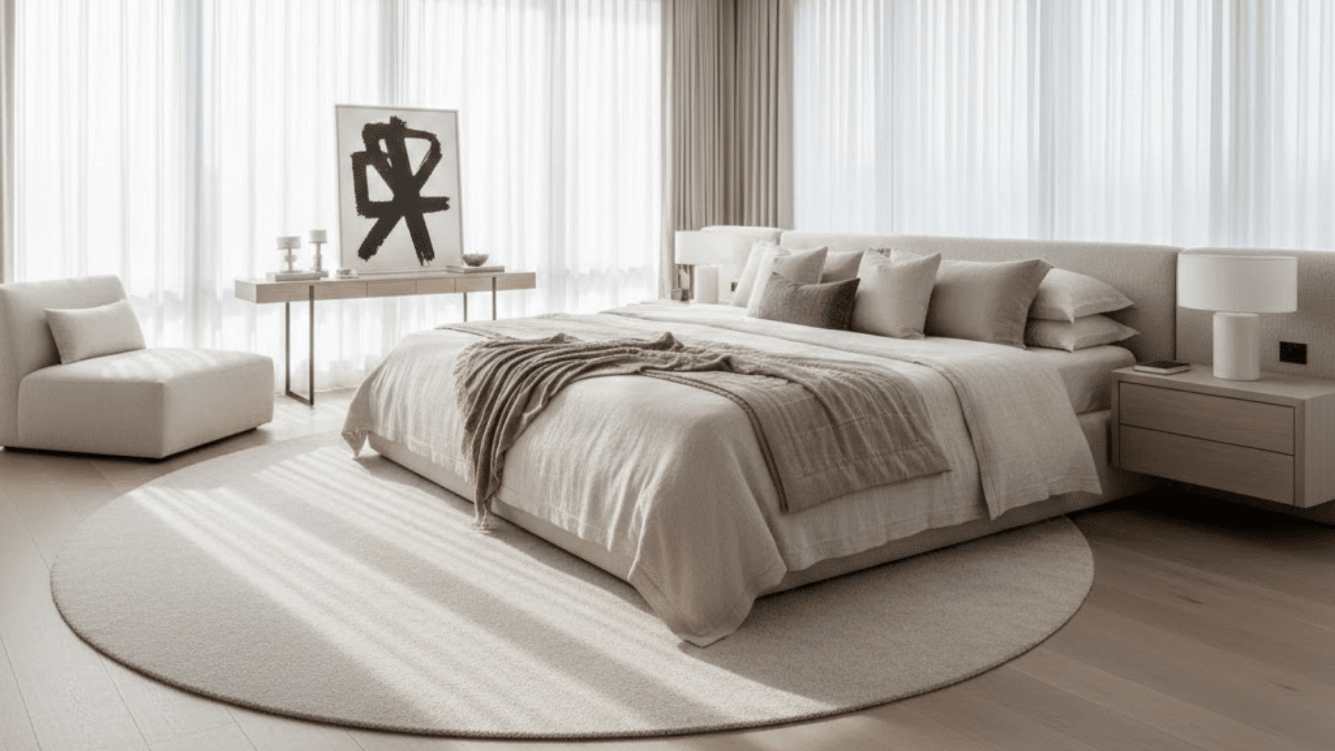 Large modern bedroom with oversized bed, sheer curtains, and neutral styling.