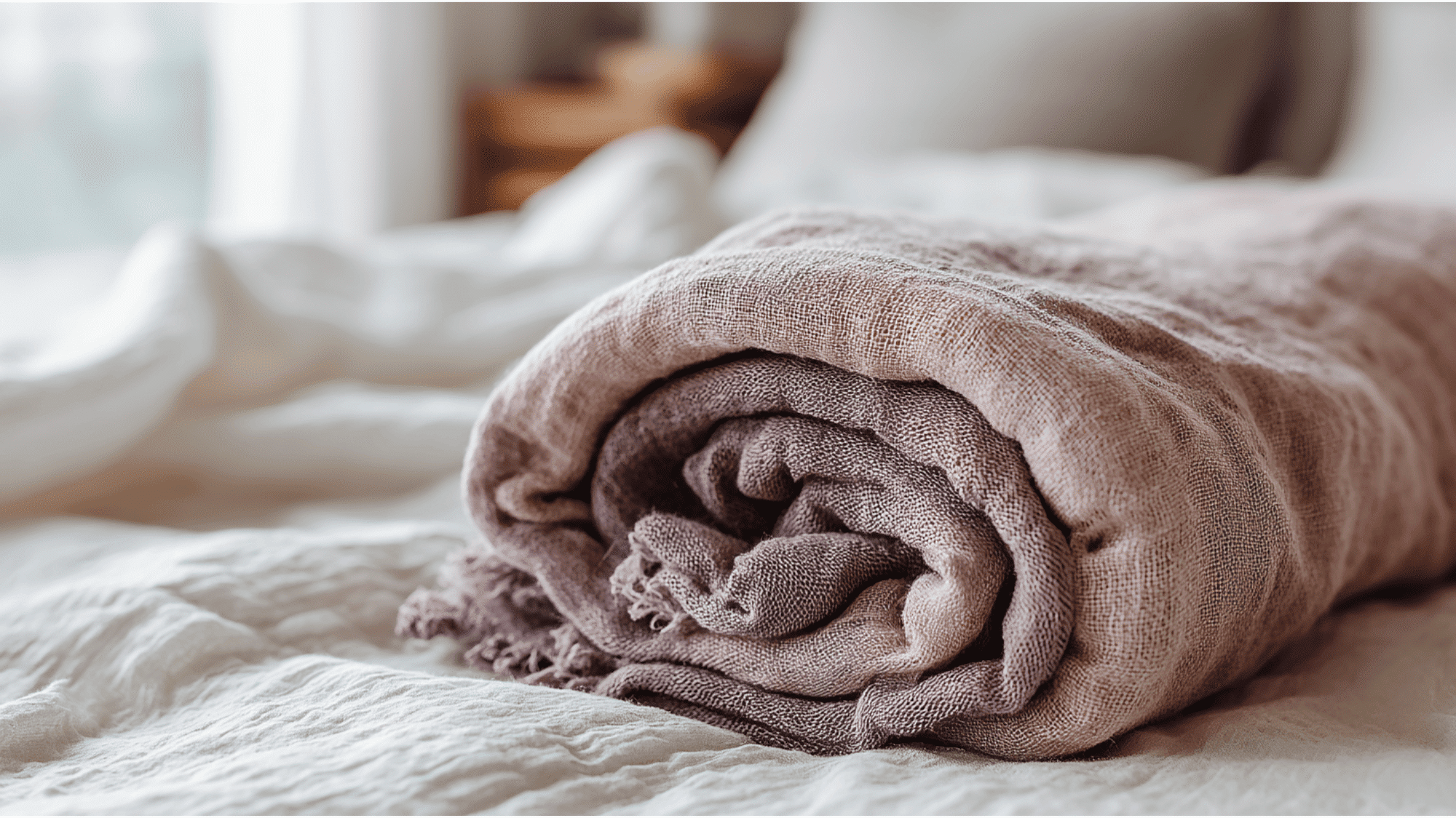 Rolled linen blanket placed on a soft bed with a clean, airy bedroom feel.