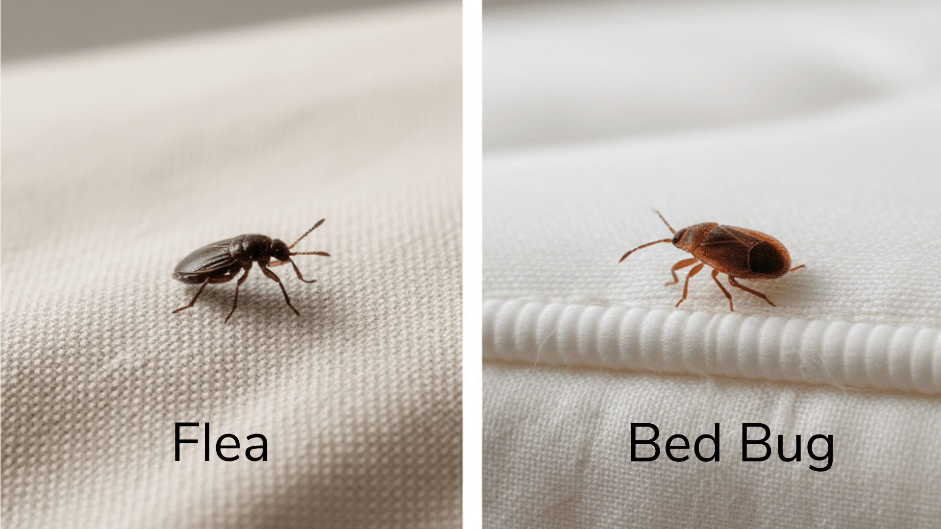 Side-by-side comparison photos showing a small dark flea on beige fabric and a reddish-brown bed bug on a white mattress.