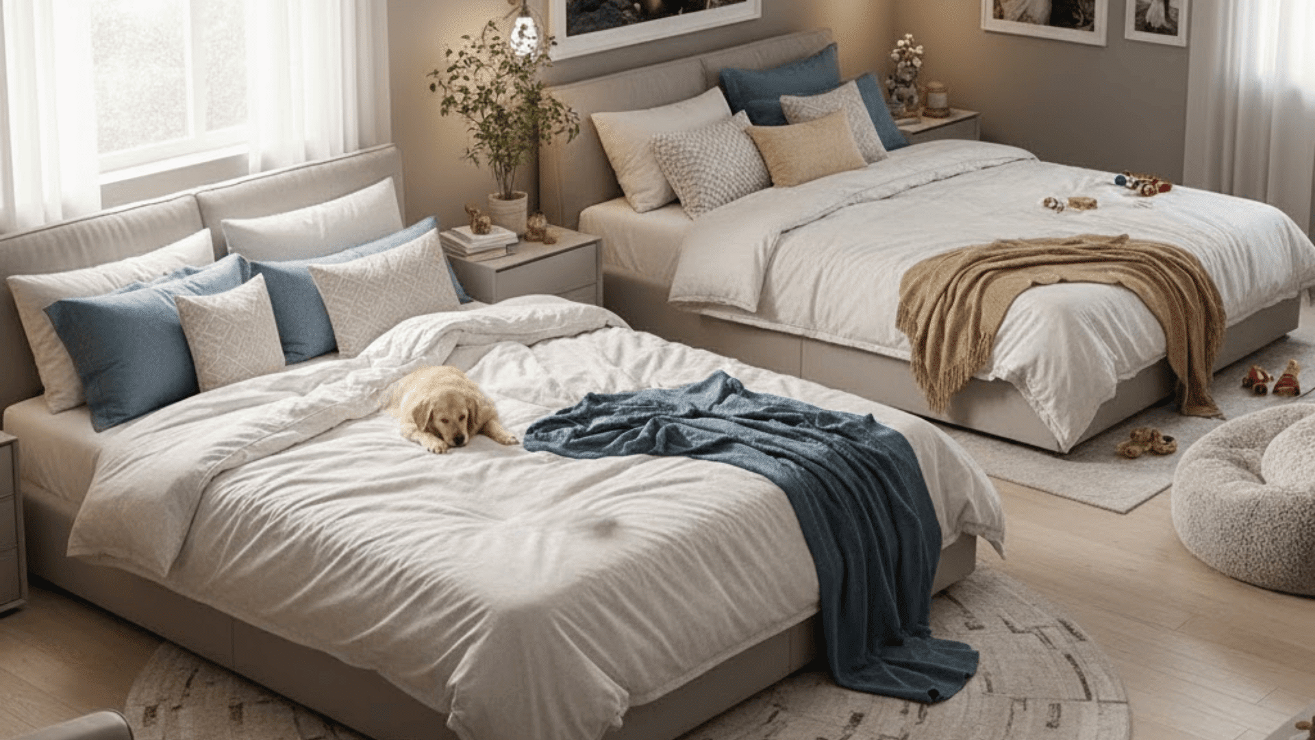Two family beds in cozy room with pillows, soft blankets, and small dog resting.
